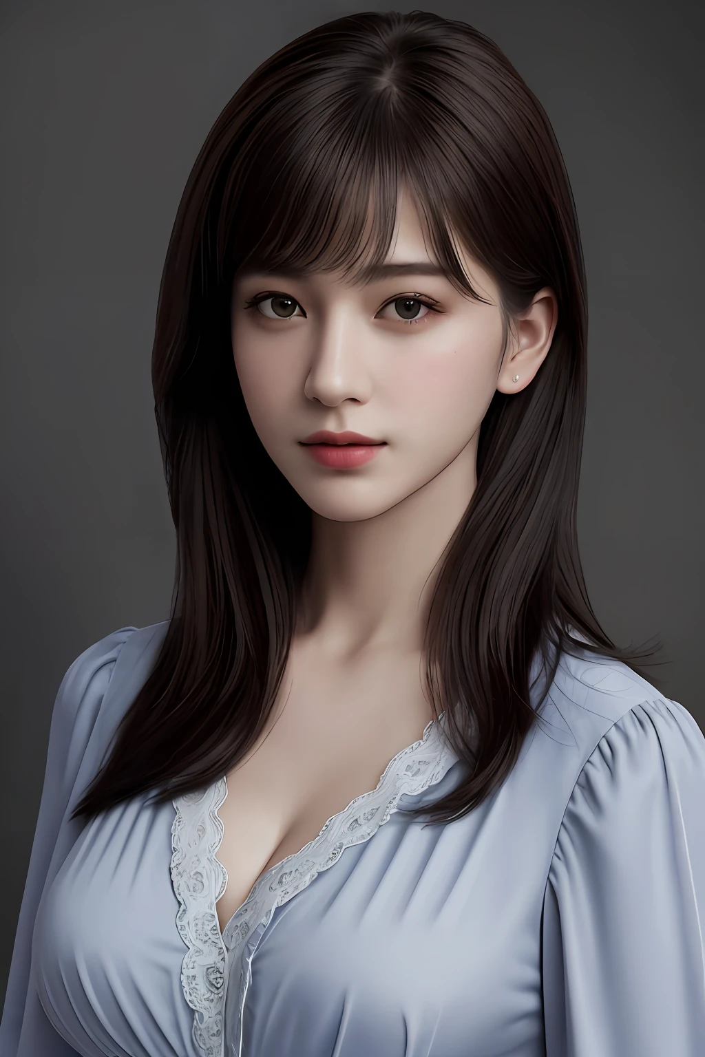 best-quality、master masterpiece、ultra-high res、portrait、(photo-realistic:1.4)、RAW photograph、1girl、Side sweep bangs、Wearing a blouse、cleavage of breast、Detailed facial texture
