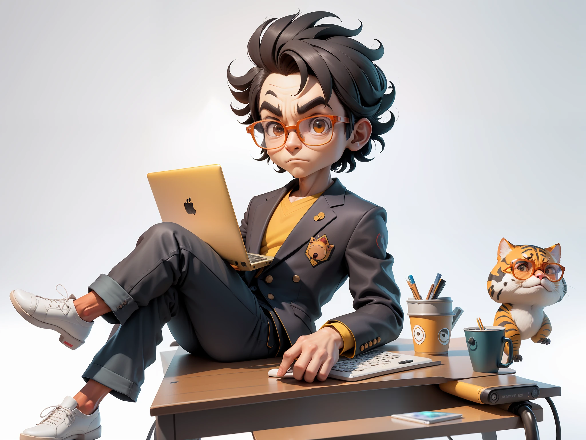 A young man in a suit and pants, Short hair and glasses sat at his desk,holding laptop,digitial painting,tigre,3D character design by Mark Clairen and Pixar and Hayao Miyazaki and Akira Toriyama,4K HD illustration,Very detailed facial features and cartoon-style visuals。