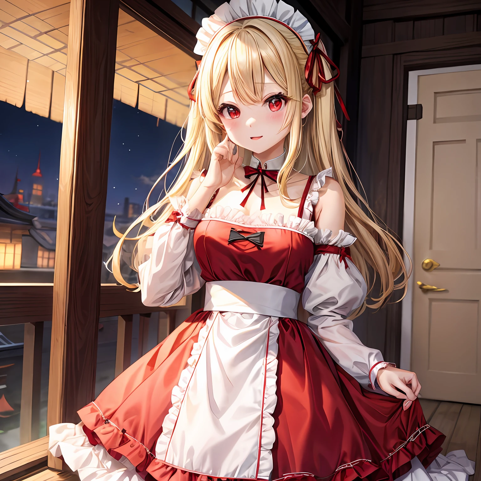 a blond、red eyes、One pretty girl、独奏、animesque、maid clothes、off shoulders、Sweeping