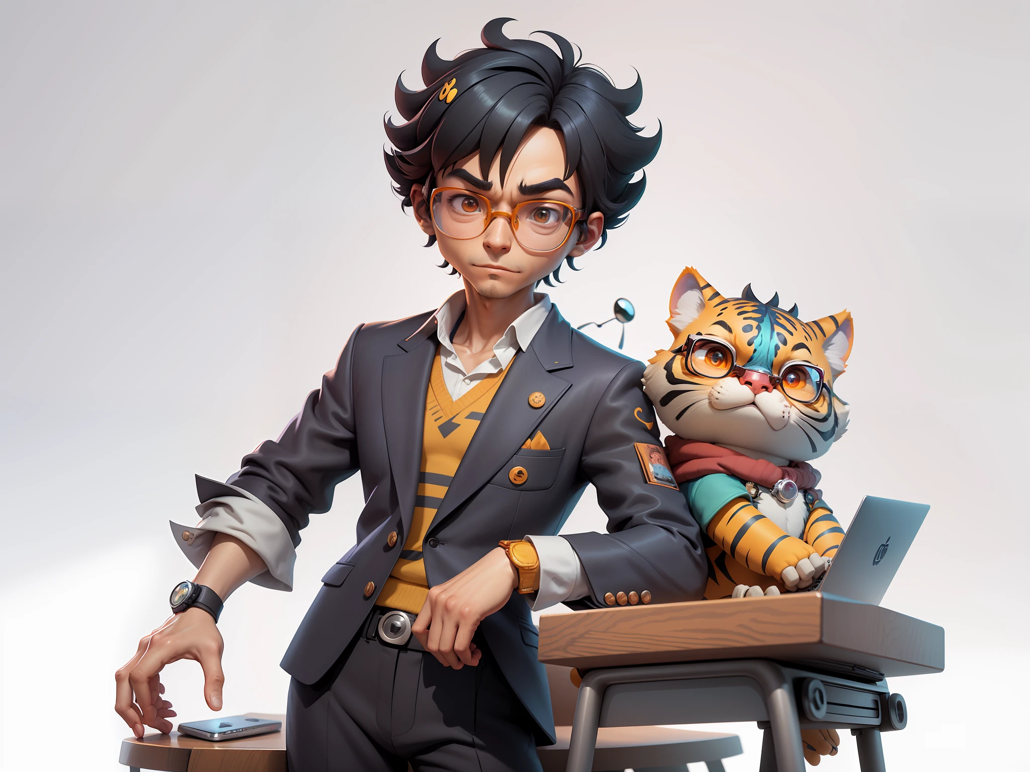 A young man in a suit and pants, Short hair and glasses sat at his desk,holding laptop,digitial painting,tigre,3D character design by Mark Clairen and Pixar and Hayao Miyazaki and Akira Toriyama,4K HD illustration,Very detailed facial features and cartoon-style visuals。