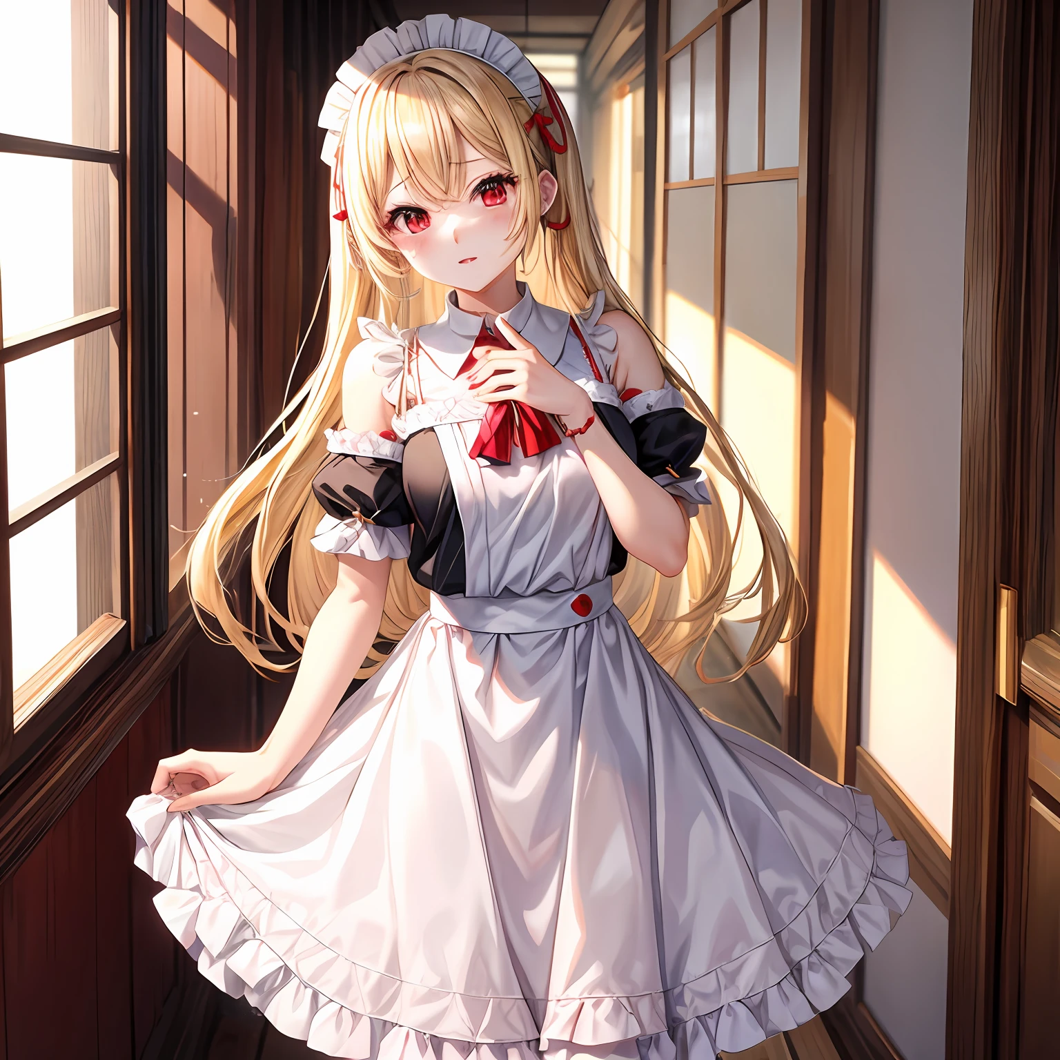 a blond、red eyes、One pretty girl、独奏、animesque、maid clothes、off shoulders、Sweeping