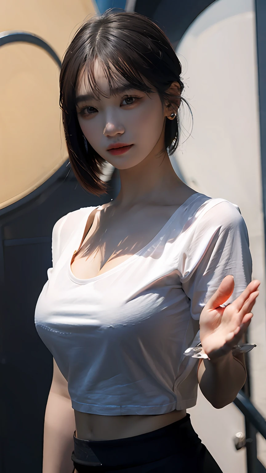 8K RAW photos, high resolution, 19-year-old Korean, big round breasts, cleavage, trained abs, super cropped length T-shirt, skirt, eyes beautiful in detail, long eyelashes, beautiful double eyelids, eye shadow, slit eyes, elongated eye shape, Sanpaku eyes, dark eye makeup, evil smile, beautiful thin legs, short hair, hair tied behind the head, earrings, light brown hair, hands raised