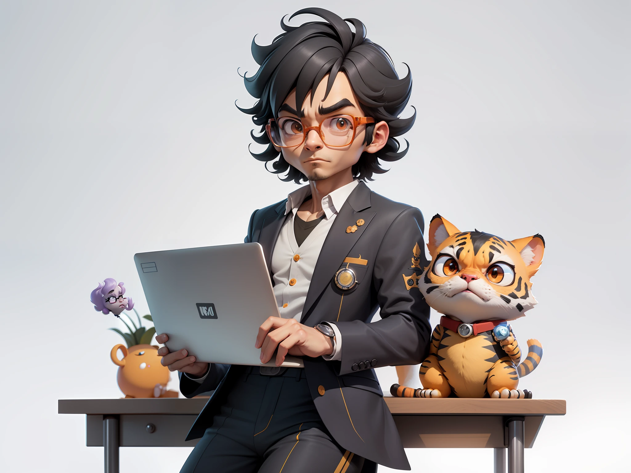 A young man in a suit and pants, Short hair and glasses sat at his desk,holding laptop,digitial painting,tigre,3D character design by Mark Clairen and Pixar and Hayao Miyazaki and Akira Toriyama,4K HD illustration,Very detailed facial features and cartoon-style visuals。