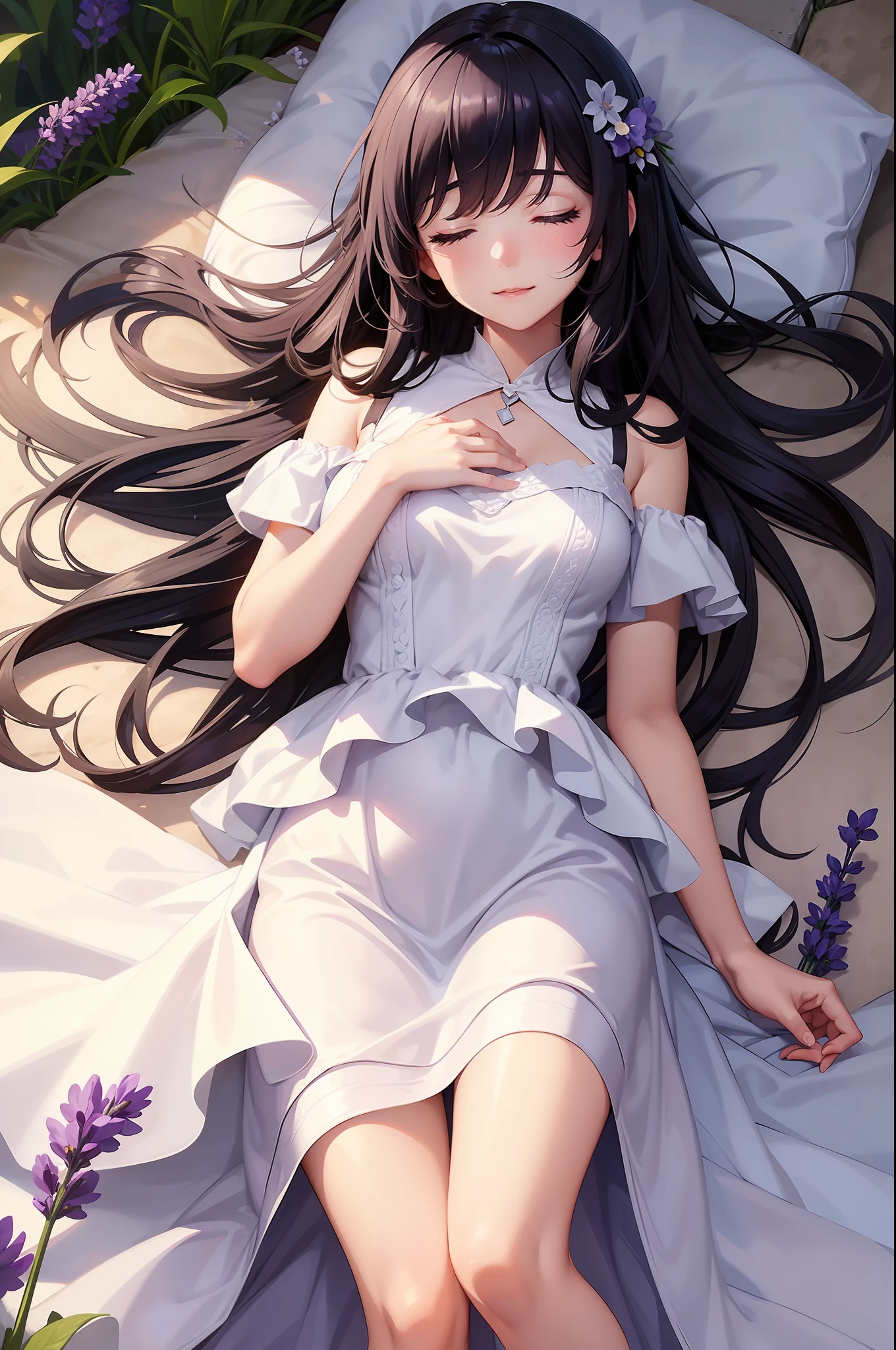A girl lies on her side among lavender flowers，in a long white dress，With his eyes closed，Has long eyelashes，Smiling，Long black hair scattered over the skirt，high qulity，high detal，tmasterpiece，style of anime