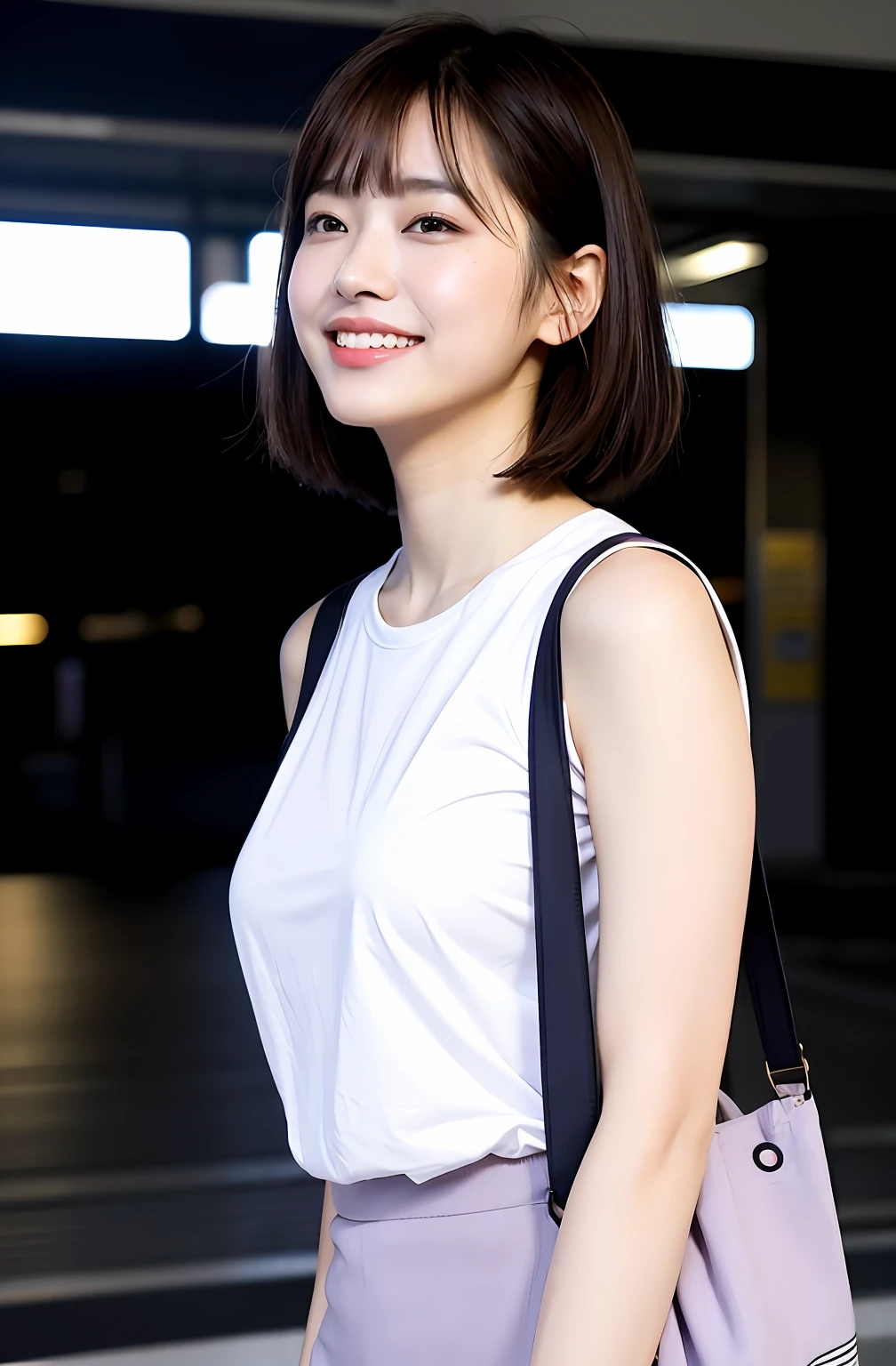 ((8K:1.27)、top-quality、masterpiece、超A high resolution:1.2)Photo beautiful Chinese woman(pleasing:1.1) (The shirt:1.21) Elegance、There is a good、Gradient lighting、1girl in、Delicate skin、Look here、Brown-eyed、(short hair with bangs:1.2)、(breasts are large:1.0)、(medium areola:0.8)、(realisitic:1.4)、(top-quality:1.0)、(超A high resolution:1.0)、8K、Raw photography、(masterpiece:0.2)、(pureerosface_v1:0.5)、 Light purple clothes、pleatedskirt、Sleeveless、Kamimei、excited expressions、Red cheeks、want me、Staring at this、erect through、subject、Lean、Look here、train station stairs、Laugh、tote bags、Futomo、full body Esbian、sandal、Beautiful thighs、Kinda chubby、Beautiful thighs、big butts、Turn your buttocks、Upper body facing this way、