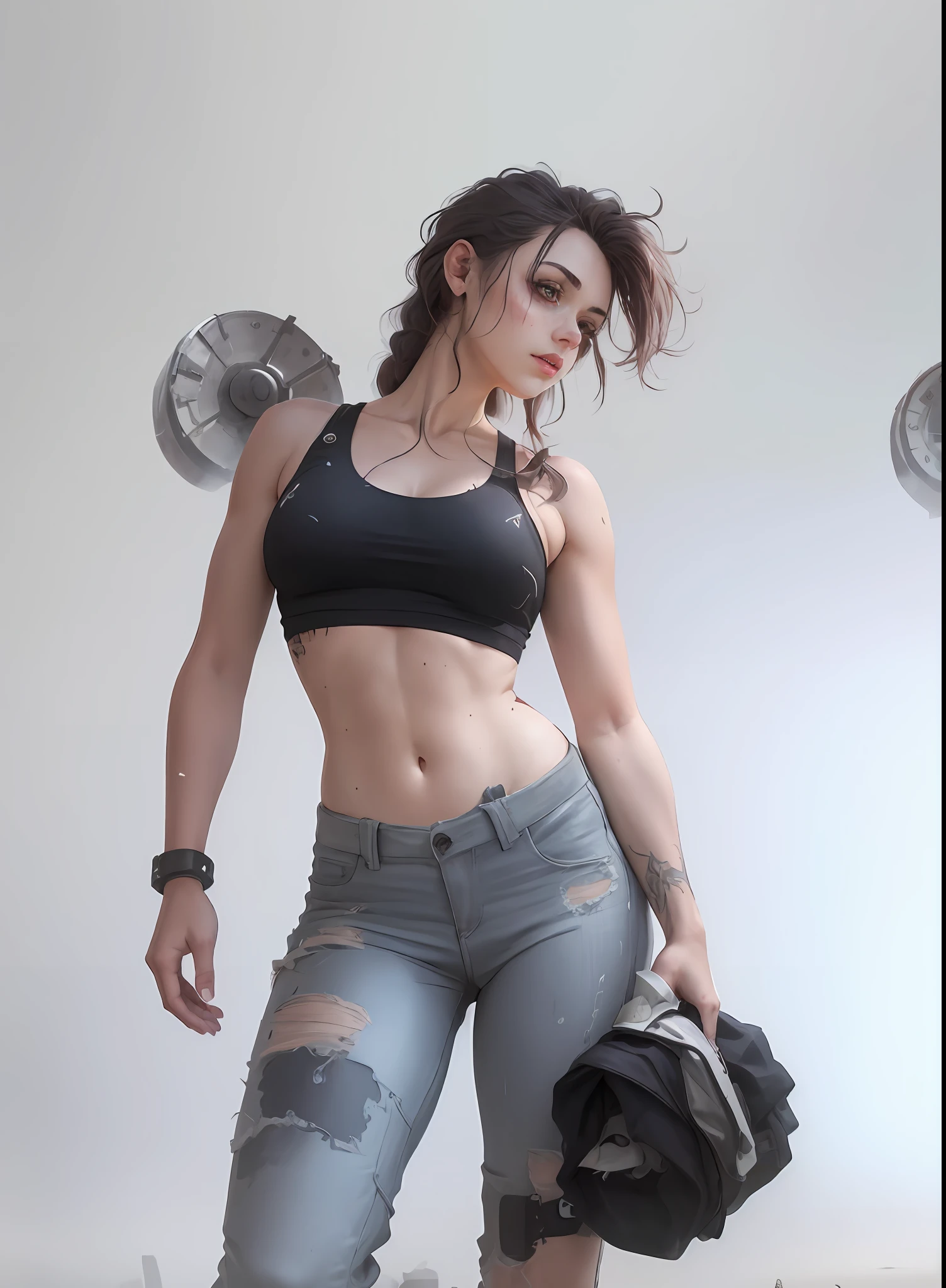Este es un fondo de pantalla CG Unity 8k con ultra detallado, high-resolution and top quality in cyberpunk style, dominado por el negro y el rojo. En la imagen, Una hermosa chica con cabello largo con cabello blanco desordenado, un rostro delicado, wearing a steam mecha mask, De pie sobre las ruinas, (Battle Damage: 2.5), and the action of a woman holding a heavy sniper rifle in her hand,
