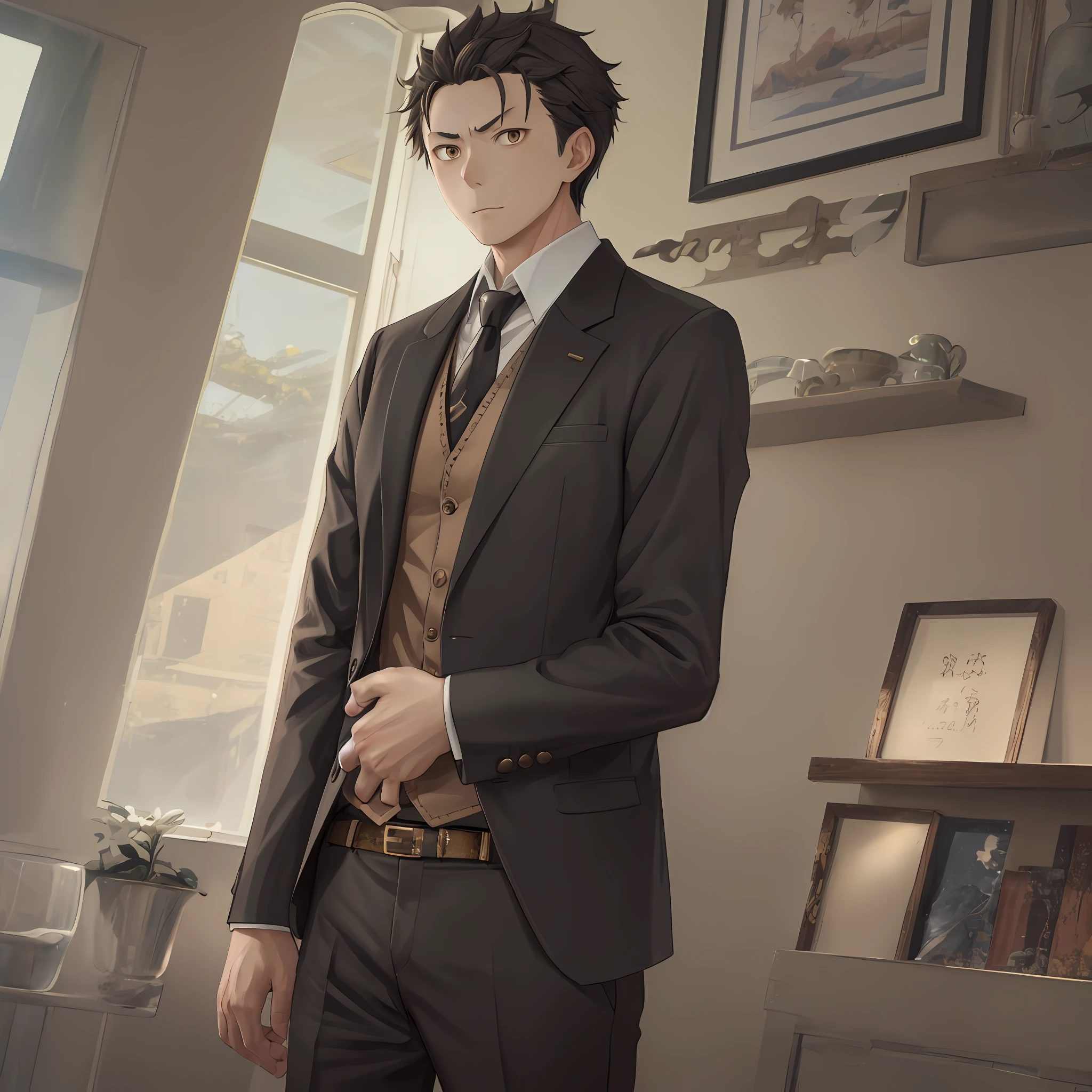 (1 Adult male),A high resolution, Sharp focus, Pixiv masterpiece, ((Complicated details)), highly detailed, natsuki_subaru, 1 man, Serious,full bodyesbian, Golden eyes(eyes glowing), with short golden hair,white shirt,Wear a tie,Wear a belt,perspire,look from down