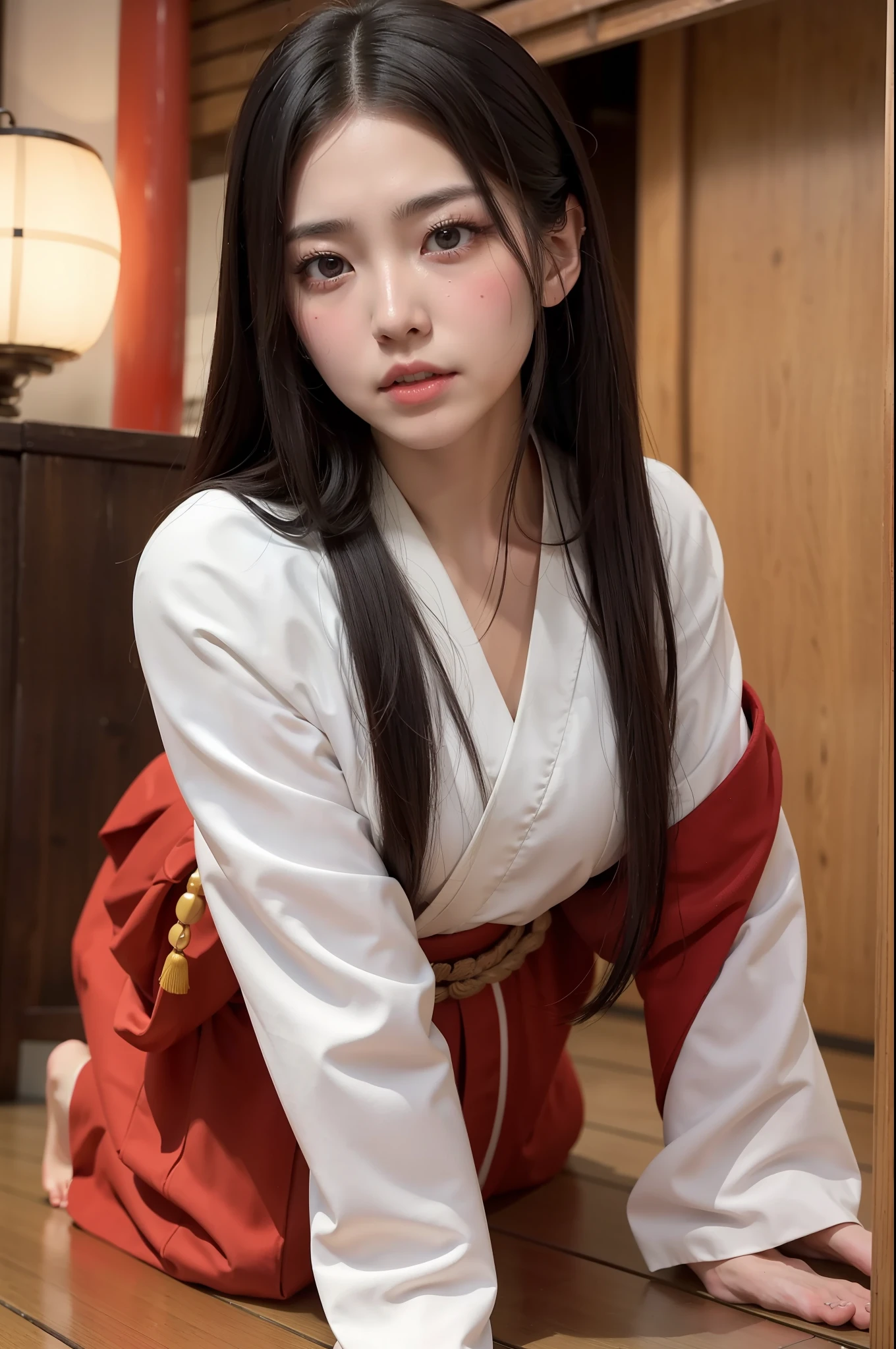 Photo Real、photoRealstic　A dark-haired、length hair、bangss　with round face、drooing eyes、big eye、Black eyes、a small face　shrine maiden、Priestess in Japan Clothes、Red Hakama、Long Hakama、White kimono with lines　sixteen years old、japanes、skinny  body、Skinny Legs、Soft thighs、vaginal、Female genitals　Boldly crawling on all fours、Bite the huge stick on the wall 、Lick with all your might、Faces close、Sweat all over the body、Mass sweat、full body Esbian、Bold poses、Pleasant look、large amount of saliva、a large amount of liquid around the mouth　Background with、shrines、Inside the Japan Temple