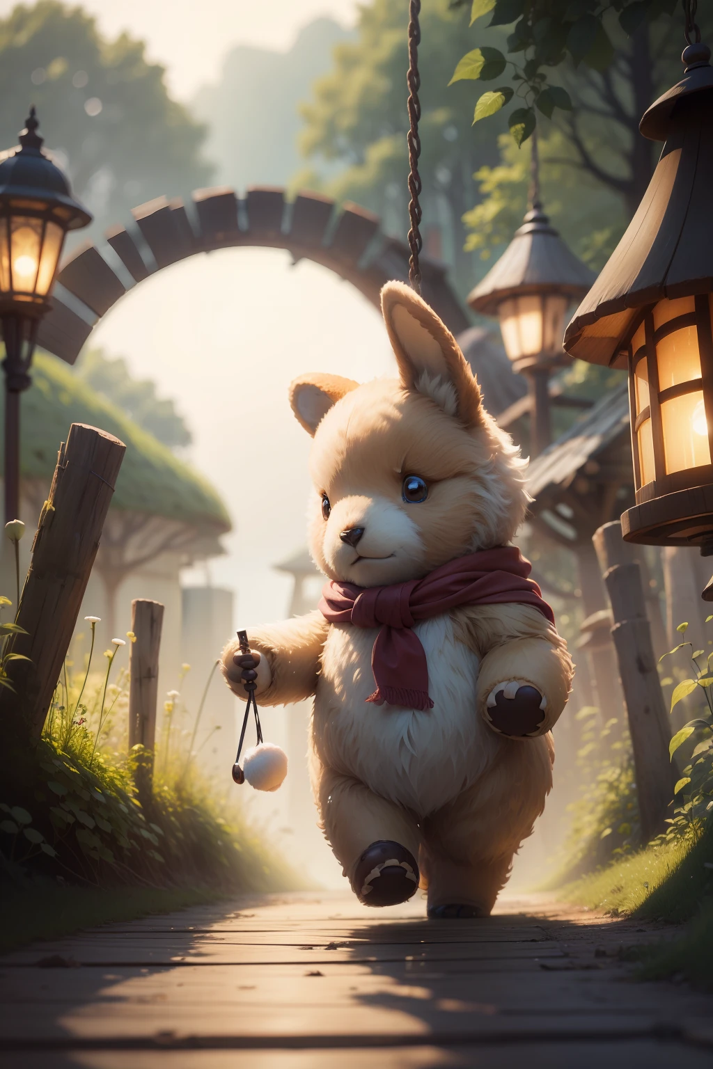 The teddy bear is walking,Swing with both hands,Stride forward,Face the lens,Big eyes look ahead,rejoice,Background of fairy tale world,There are mushroom huts,There are little rabbits looking at it,((tmasterpiece,best qualtiy)),illustratio,Ultra-detailed 8K,Photorealsitic,Clear focus,A highly detailed,Professional lighting,Colorful Detailed,Rainbow color BREAK factory super long shot,with light glowing,Complicated details,