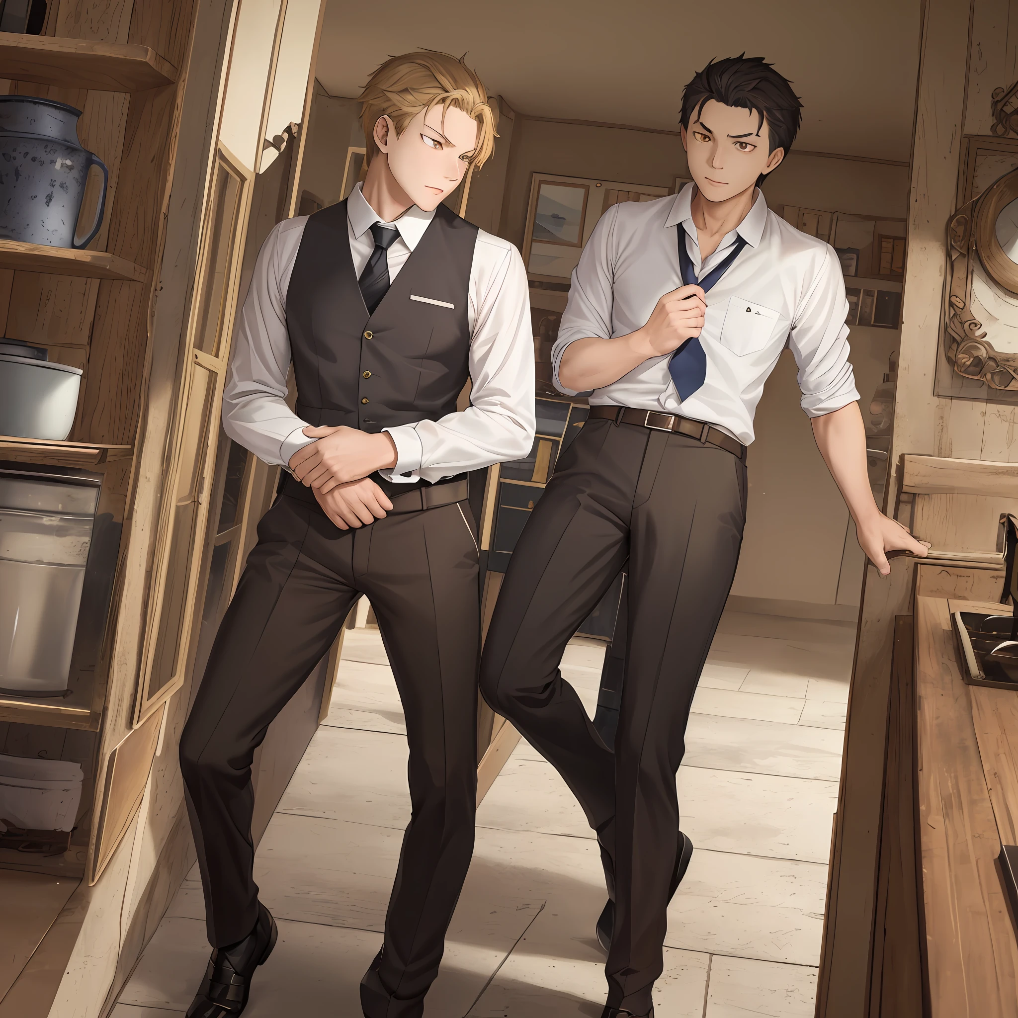 (1 Adult male),A high resolution, Sharp focus, Pixiv masterpiece, ((Complicated details)), highly detailed, natsuki_subaru, 1 man, Serious,full bodyesbian, Golden eyes(eyes glowing), with short golden hair,white shirt,Wear a tie,Wear a belt,perspire,look from down