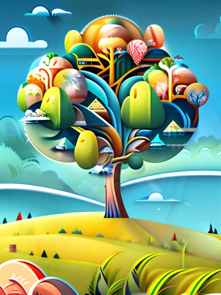 A tree in a summer landscape,rzminjourney,vectorial art