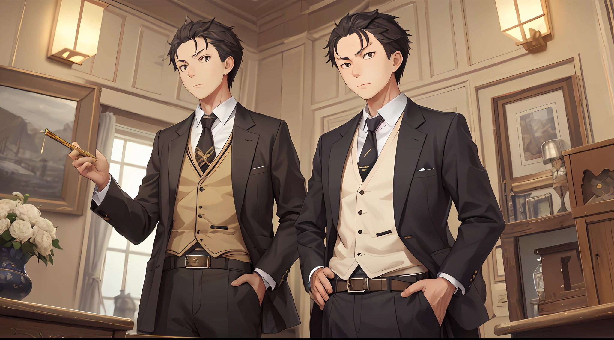 (1 Adult male),A high resolution, Sharp focus, Pixiv masterpiece, ((Complicated details)), highly detailed, natsuki_subaru, 1 man, Serious,full bodyesbian, Golden eyes(eyes glowing), with short golden hair,white shirt,Wear a tie,Wear a belt,perspire,look from down