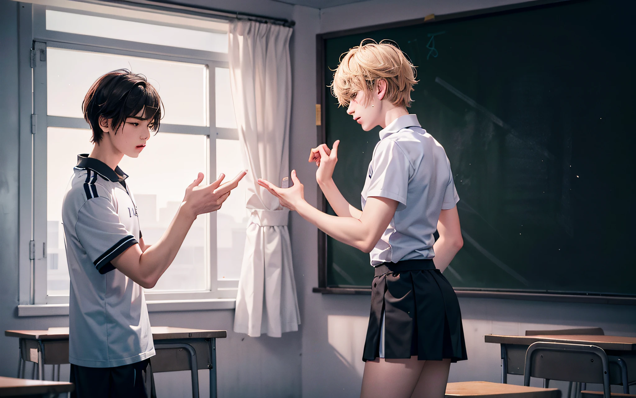 2boys ,sixteen years old, Talk face to face, Indoors, (masterpiece, top-quality, absurderes), Schools,Classroom, sports wear,Look at each other, Light blush、Black miniskirt、Touching the opponent's skirt
