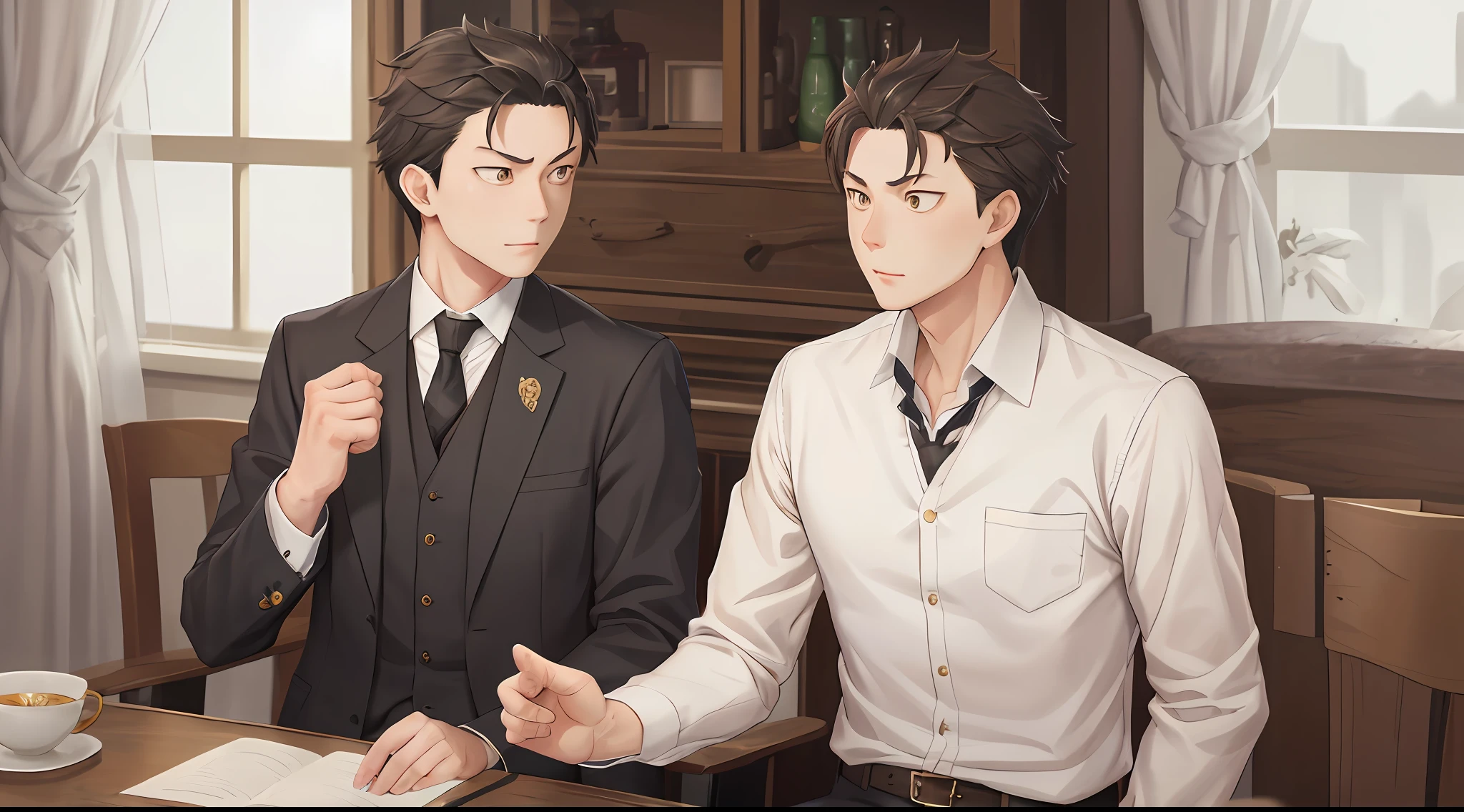 (1 Adult male),A high resolution, Sharp focus, Pixiv masterpiece, ((Complicated details)), highly detailed, natsuki_subaru, 1 man, Serious,full bodyesbian, Golden eyes(eyes glowing), with short golden hair,white shirt,Wear a tie,Wear a belt,perspire,look from down