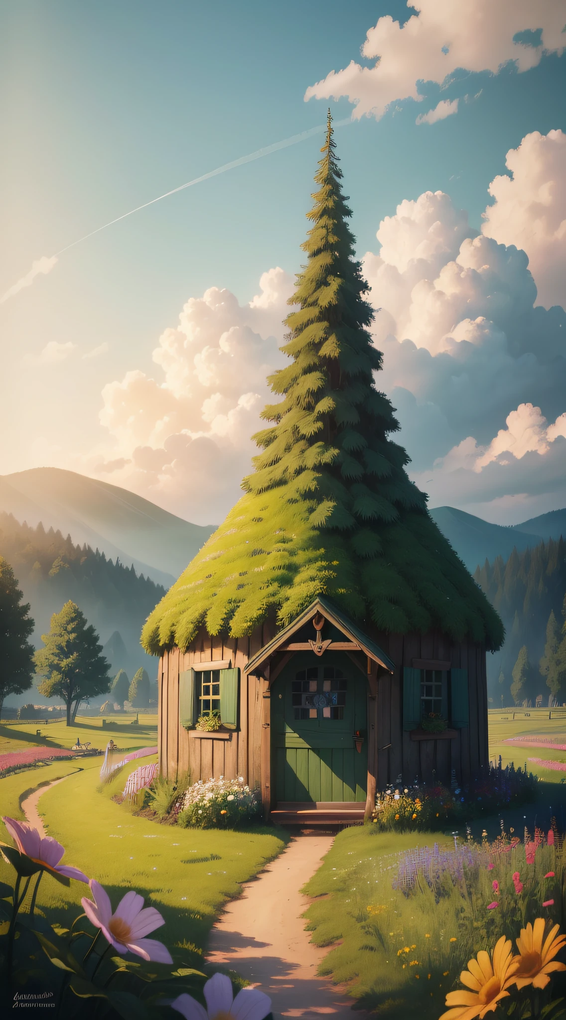 A beautiful picture painted by Holosomnia, with a lovely green fairy tale hut, surrounded by various flowers, green leaves and soft clouds, is very healing. The picture is simple and clear, summer,Crepuscular Ray , Anime style, soft lighting, 8k hd wallpaper:6″,