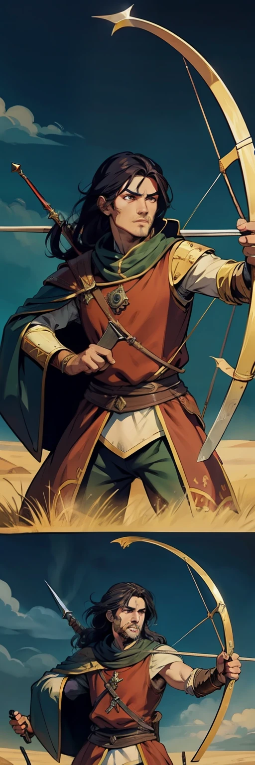Medieval fantasy illustration, Arqueiro masculino humano, cabelos pretos, disparar uma flecha em um alvo, torneio