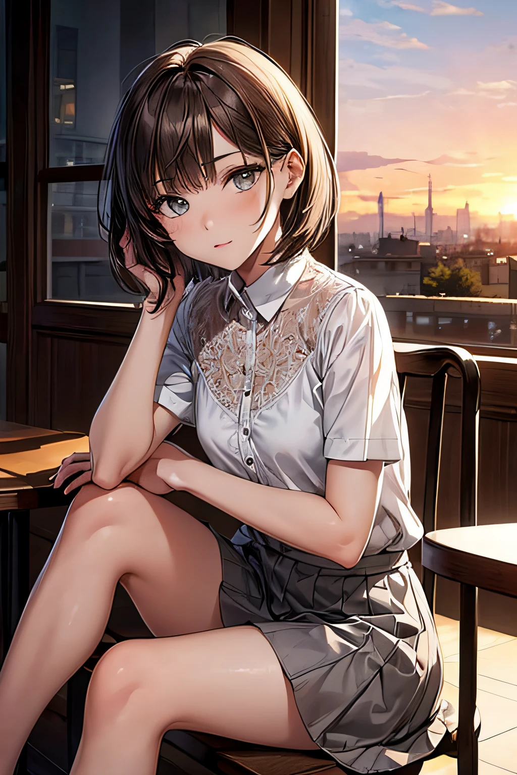 (masterpiece,finely detailed beautiful grey eyes: 1.2),(no lineart:1.2),1girl,backlighting,portrait,brown hair,bob cut,cotton ruffle shirt,sky,sunset,cafe,skirt,knees,chatting