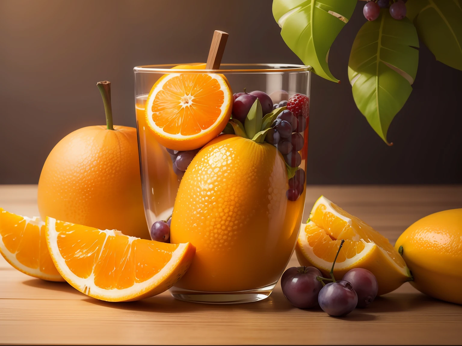 an orange、banana in、Grapes、mango。Summer fruits。Tropical。Top image quality。photos realistic。