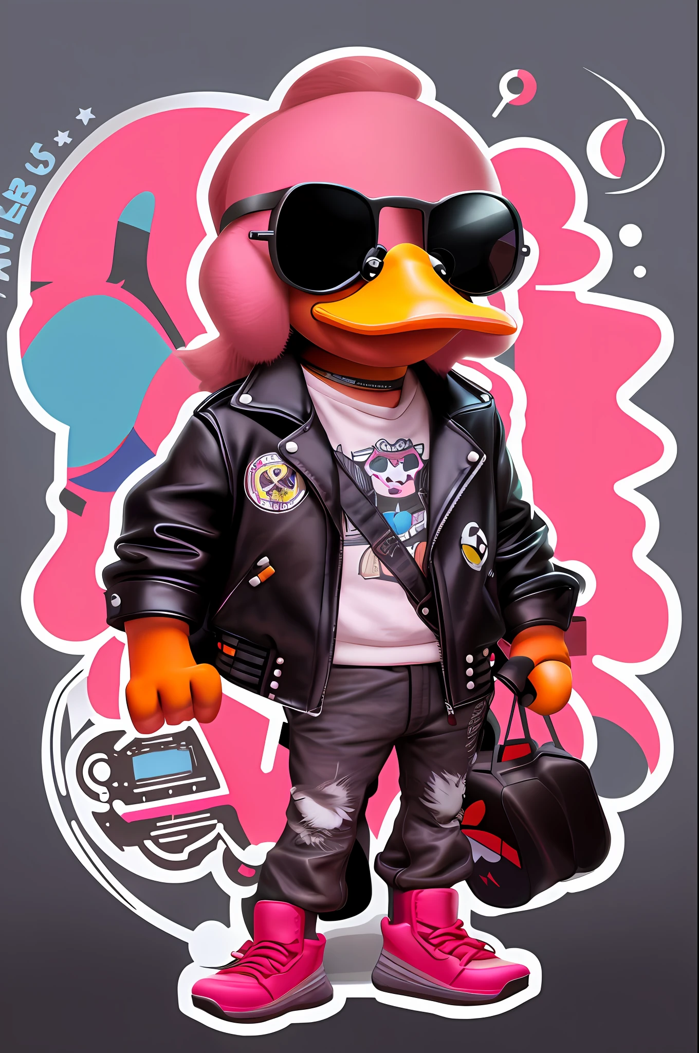 Cartoon duck playing guitar in sunglasses and leather jacket, Muppet Punk, robot duck concept portrait, the macho duck, pop punk art style, robocop duck, inspired by Jacob Duck, fantasy duck concept portrait, hand painted cartoon art style, Cartoon Art Style, detailed duck, Cartoon Art Style, extremely high quality artwork, in style of digital illustration