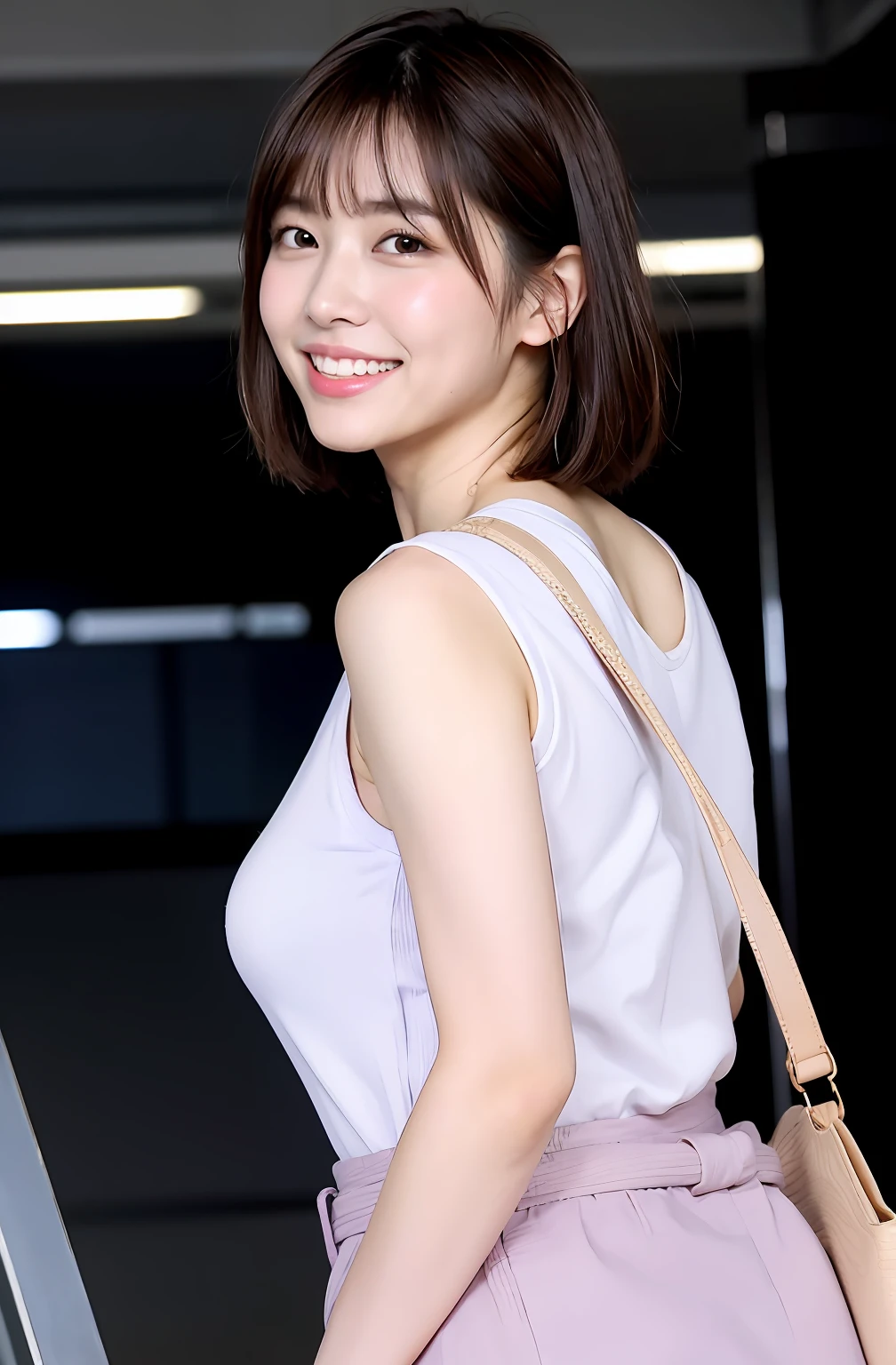 ((8K:1.27)、top-quality、masterpiece、超A high resolution:1.2)Photo beautiful Chinese woman(pleasing:1.1) (The shirt:1.21) Elegance、There is a good、Gradient lighting、1girl in、Delicate skin、Look here、Brown-eyed、(short hair with bangs:1.2)、(breasts are large:1.0)、(medium areola:0.8)、(realisitic:1.4)、(top-quality:1.0)、(超A high resolution:1.0)、8K、Raw photography、(masterpiece:0.2)、(pureerosface_v1:0.5)、 Light purple clothes、pleatedskirt、Sleeveless、Kamimei、excited expressions、Red cheeks、want me、Staring at this、erect through、subject、Lean、Look here、train station stairs、Laugh、Black Tote Bag、Futomo、full body Esbian、sandal、Beautiful thighs、Kinda chubby、Beautiful thighs、big butts、Turn your buttocks、Upper body facing us、Rear view、