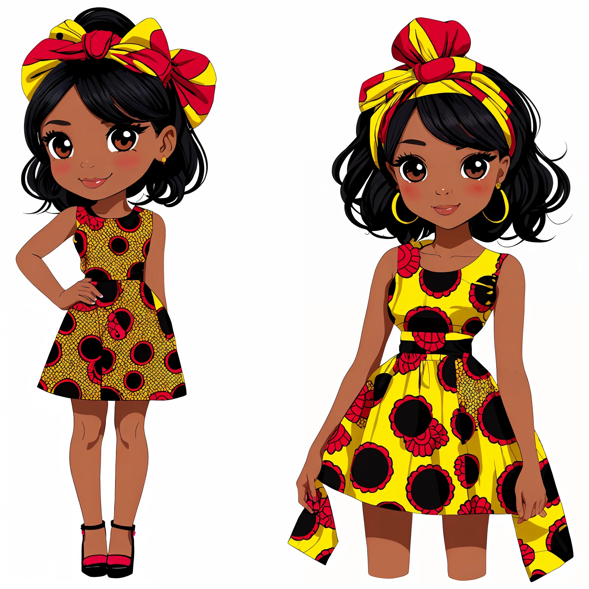 sticker,1girl, simple background, ebony woman wearing ankara dress with matching headwrap, cute chibi