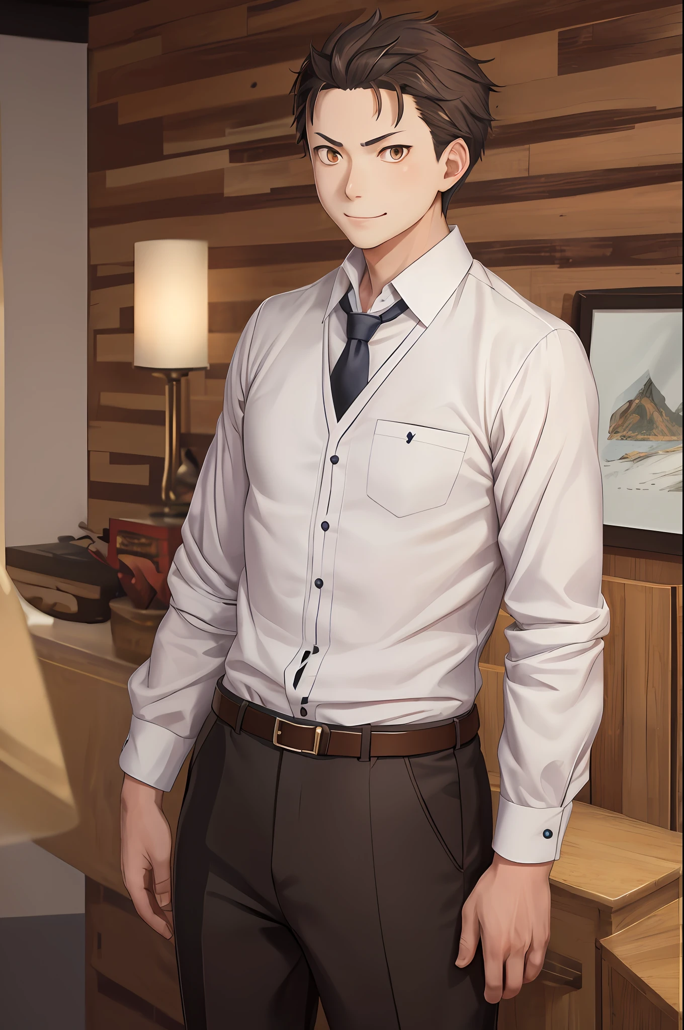 (1 Adult male),A high resolution, Sharp focus, Pixiv masterpiece, ((Complicated details)), highly detailed, natsuki_subaru, 1 man, ssmile,full bodyesbian, Golden eyes(eyes glowing), with short golden hair,white shirt,Wear a tie,Wear a belt,perspire,look from down