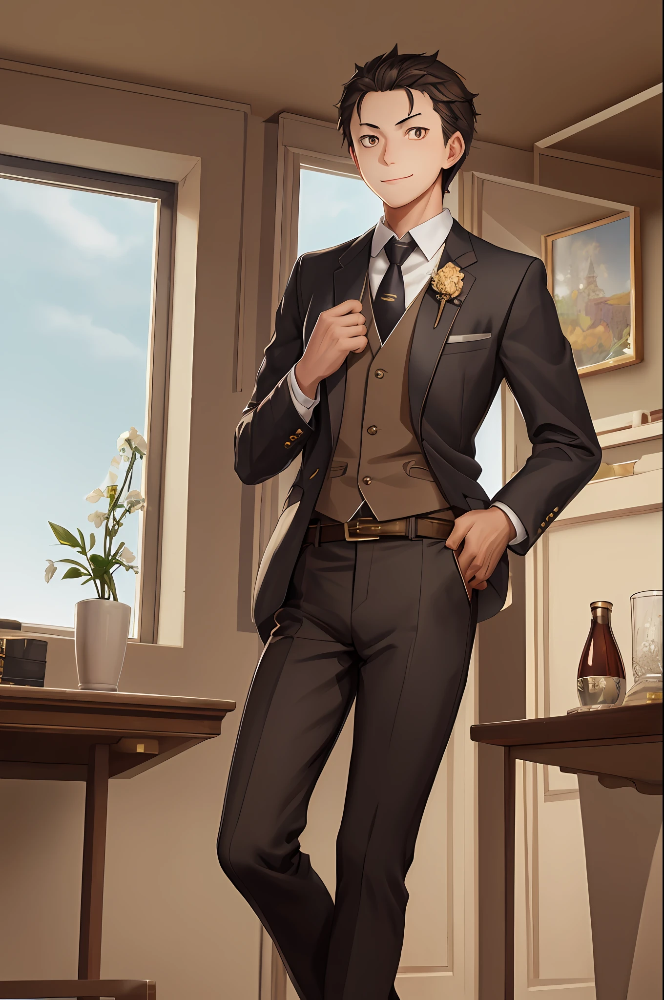 （1 Adult male），A high resolution， Sharp focus， Pixiv masterpiece， （（Complicated details））， highly  detailed， natsuki_subaru， 1 man， ssmile，full bodyesbian， Golden eyes（eyes glowing）， with short golden hair，white  shirt，Wear a tie，Wear a belt，perspire，look from down