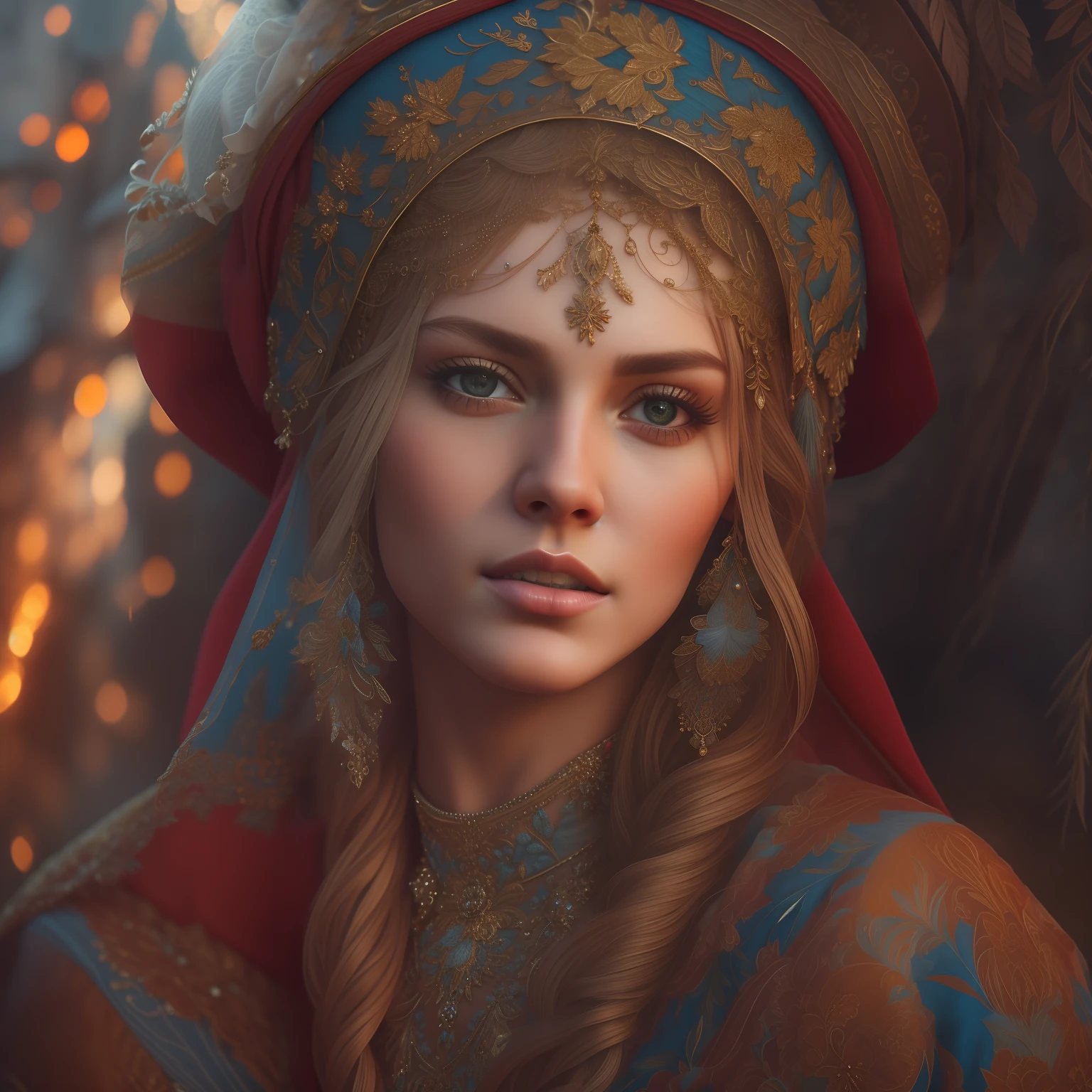((Majestic Slav woman)), Russian village beauty, Pure in heart, Bright mind, Strong in spirit, Cinematic lighting, High Resolution, insane details, intricate details, hyper detailed, intricately-detailed, intricate detials, splash screen, complementary colours,8K resolution, Deviantart's ultra-realistic masterpiece
