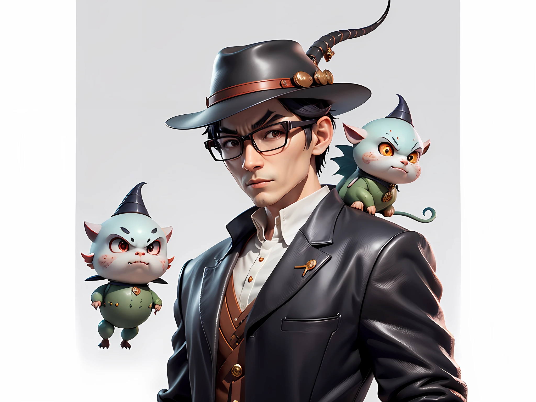 Young man with oriental face in leather hat, dragon, formal suit, short black hair, silver glasses, digital painting, 3D character design by Mark Clairedon and Pixar and Hayao Miyazaki and Akira Toriyama, the illustration is a high-definition illustration in 4K resolution with very detailed facial features and cartoon-style visuals.