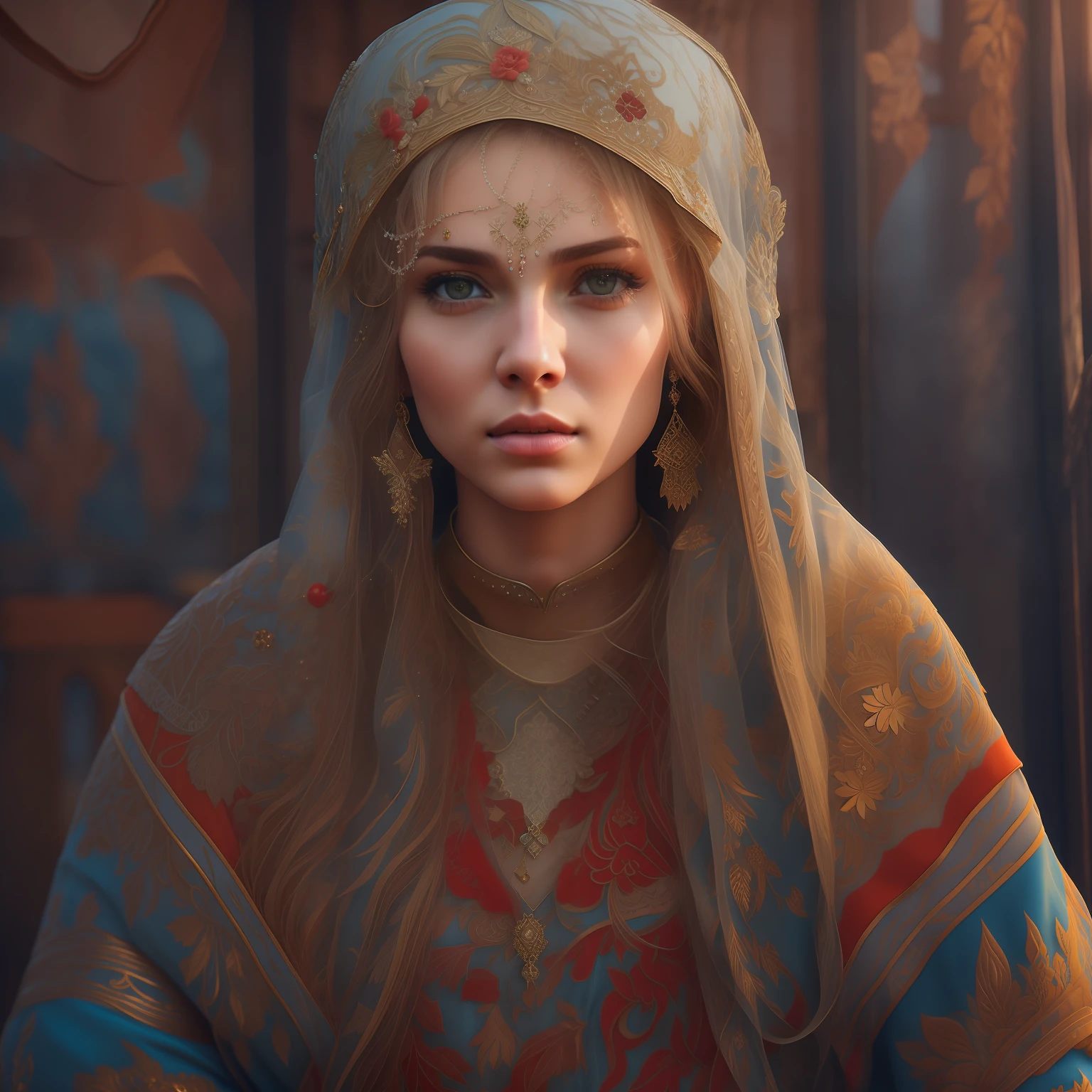 ((Majestic Slav woman)), Russian village beauty, Pure in heart, Bright mind, Strong in spirit, Cinematic lighting, High Resolution, insane details, intricate details, hyper detailed, intricately-detailed, intricate detials, splash screen, complementary colours,8K resolution, Deviantart's ultra-realistic masterpiece