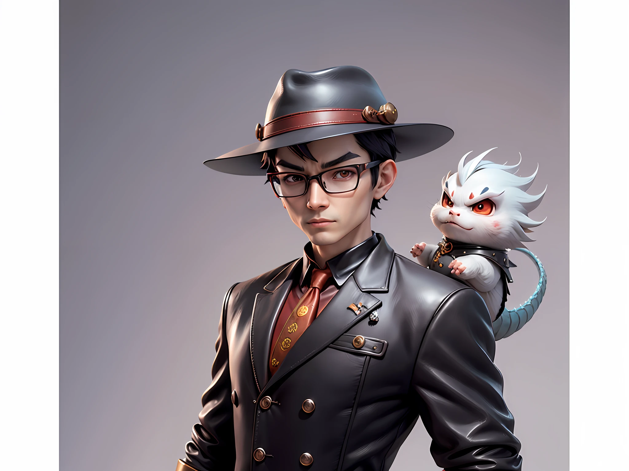 Young man with oriental face in leather hat, dragon, formal suit, short black hair, silver glasses, digital painting, 3D character design by Mark Clairedon and Pixar and Hayao Miyazaki and Akira Toriyama, the illustration is a high-definition illustration in 4K resolution with very detailed facial features and cartoon-style visuals.