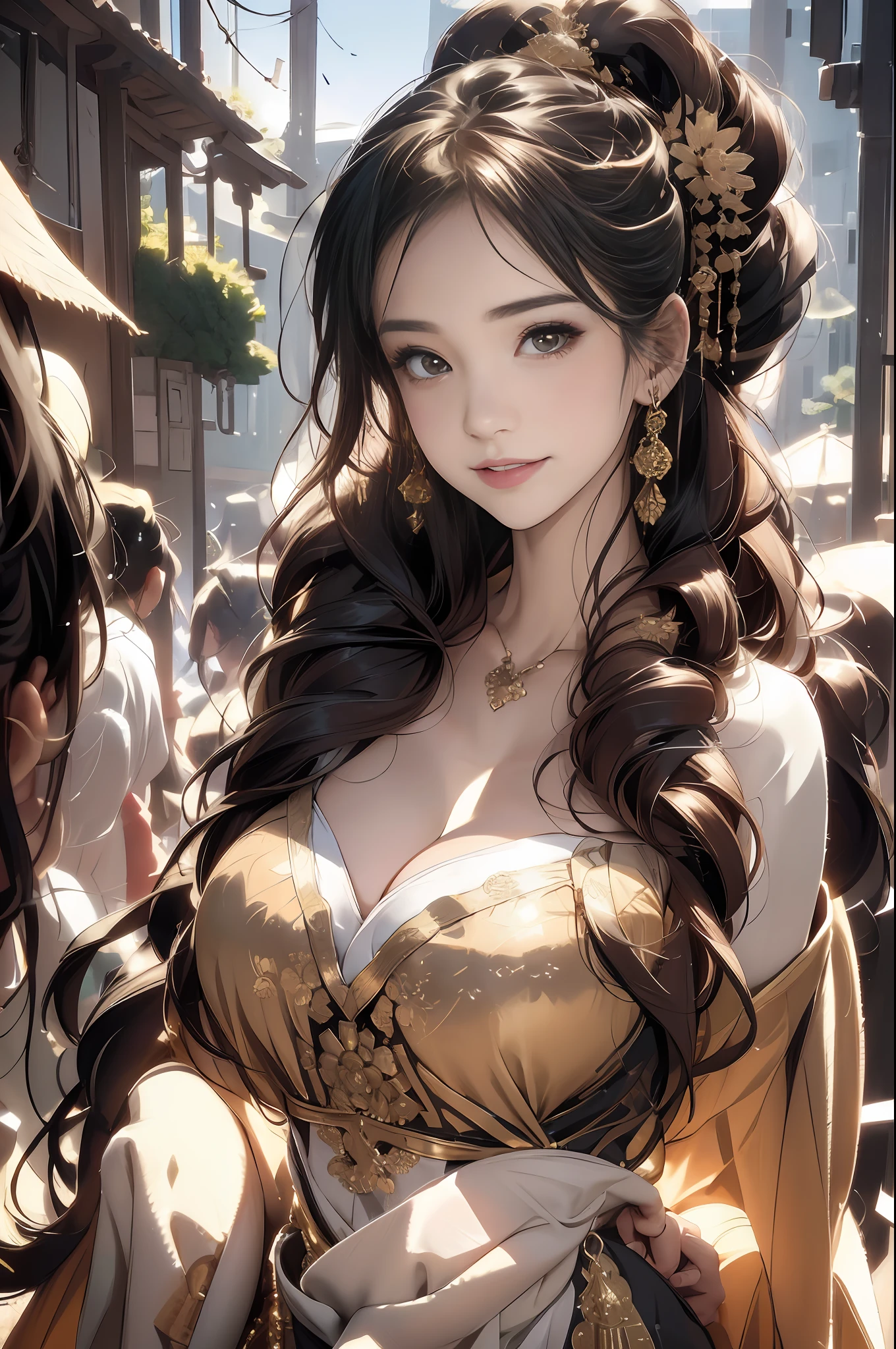 ((Best Quality)), ((Ultra High Resolution)), ((Realistic)), Fine details, Age 19 on Appearance, Black hair, Perfect face shape, Moderate Makeup:1.5, Face lighting, Accentuating Details, Long hair, Wearing Chinese Wedding Dress, Gold Headgear Decoration, Holding a fan, Red Wedding Dress Extra Points: 1.3, Gold Dress Details. portrait of a full body, windows, a bed, drapes, Candlelight, present a picture of a long-range pose.