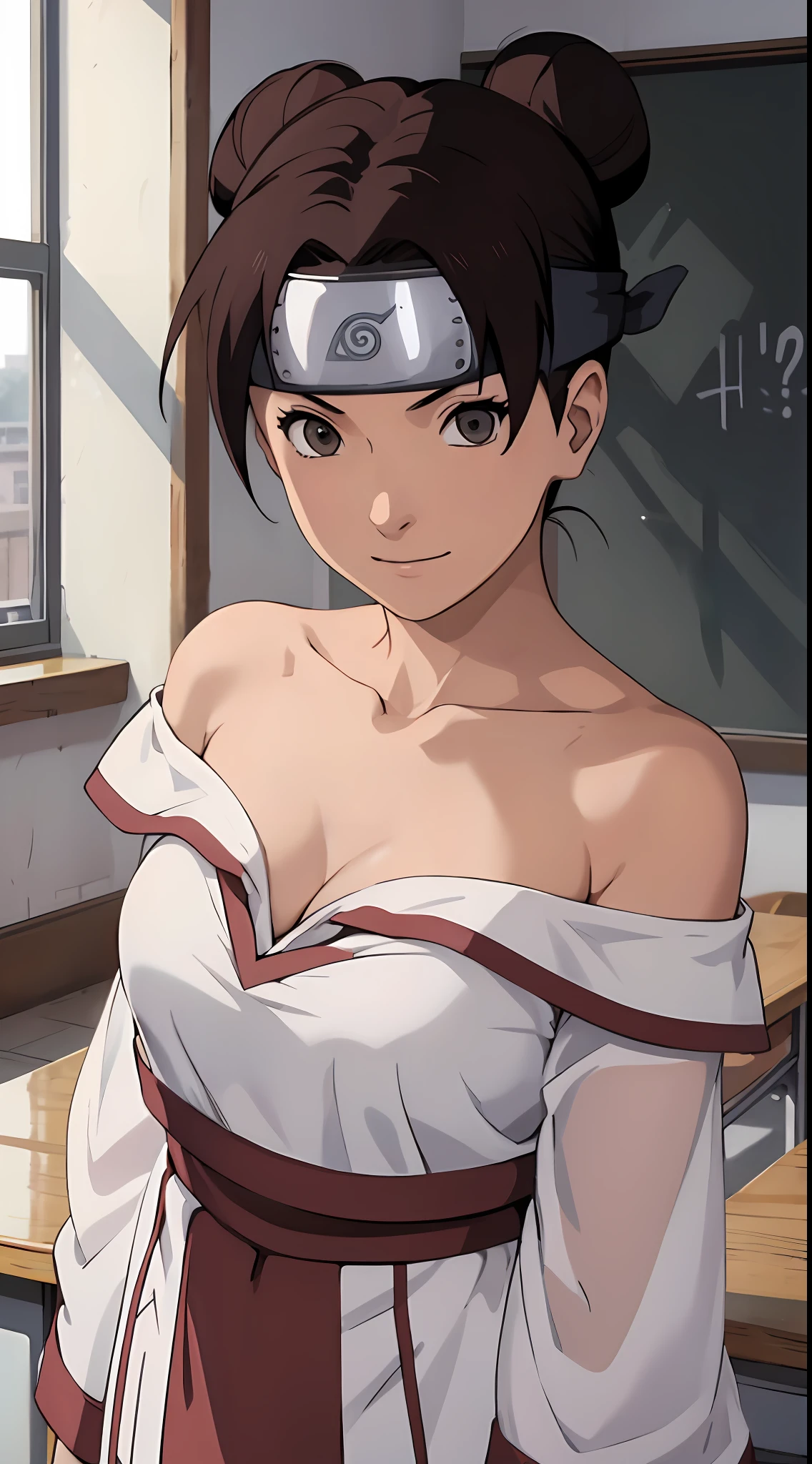 （tmasterpiece），one-girl，little breast，cleavage，(Off-the-shoulder attire:1.2)，Bust photo，Naruto，Long-lasting forehead protection，white  clothes，looks into camera，sportrait，ssmile，schools，‎Classroom