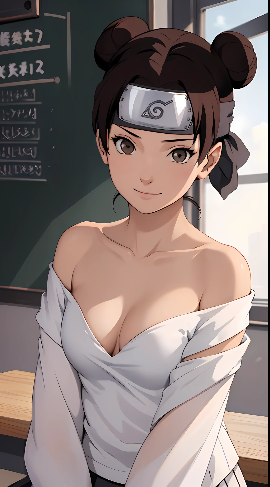 （tmasterpiece），one-girl，little breast，cleavage，(Off-the-shoulder attire:1.2)，Bust photo，Naruto，Long-lasting forehead protection，white  clothes，looks into camera，sportrait，ssmile，schools，‎Classroom