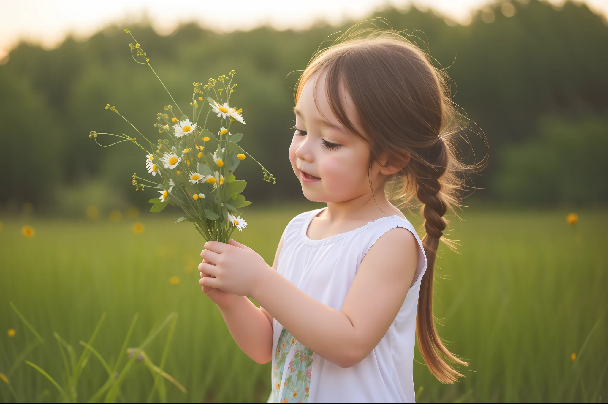 there is a  holding a bunch of flowers in a field, picking flowers, holding daisy, picking up a flower, holding flowers, holding a flower, in a field with flowers, holding magic flowers, flowers on heir cheeks, with flowers, standing in a field with flowers, girl standing in flower field, girl in a flower field, girl in flowers