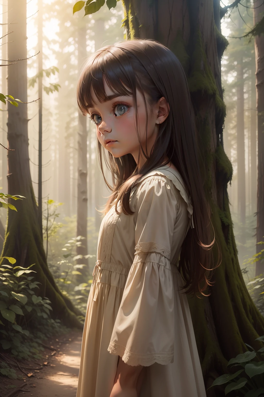 In the foreground, we see a young girl named Lily, who is the protagonist of our story. She stands at the edge of the forest, looking both eager and apprehensive, her eyes shining with curiosity and wonder. She wears a simple, earth-toned dress that reflects her connection to nature.