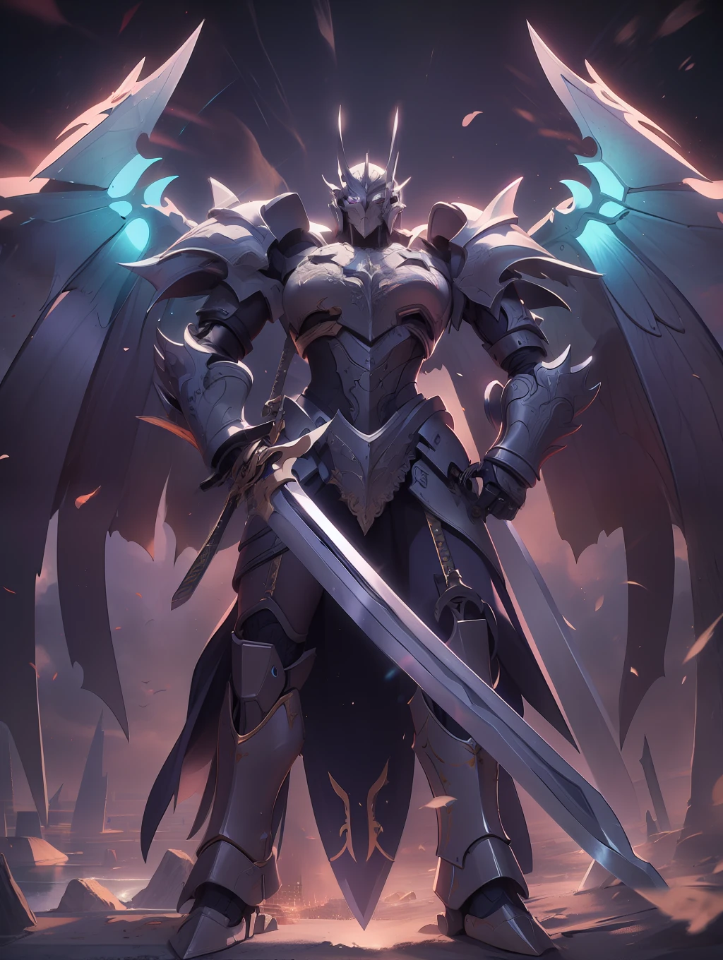 (masterpiece, best quality:1.3),extremely high detailed, intricate, 8k, HDR, wallpaper, cinematic lighting, (universe),(holding sword:1.3), glowing, armor, glowing eyes, mecha, large wings,