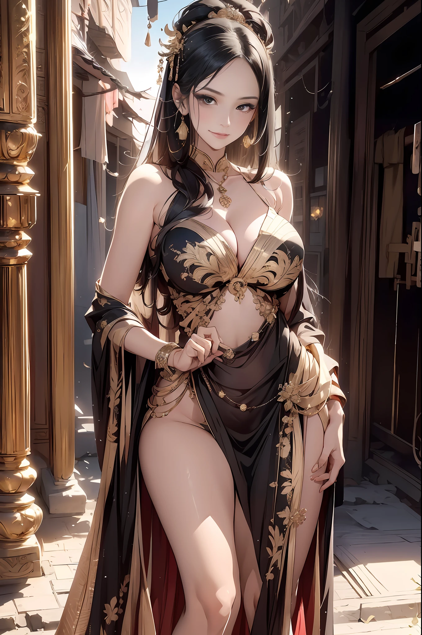 ((Best Quality)), ((Ultra High Resolution)), ((Realistic)), Fine details, Age 19 on Appearance, Black hair, Perfect face shape, Moderate Makeup:1.5, Face lighting, Accentuating Details, Long hair, Wearing Chinese Wedding Dress, Gold Headgear Decoration, Holding a fan, Red Wedding Dress Extra Points: 1.3, Gold Dress Details. portrait of a full body, windows, a bed, drapes, Candlelight, present a picture of a long-range pose.