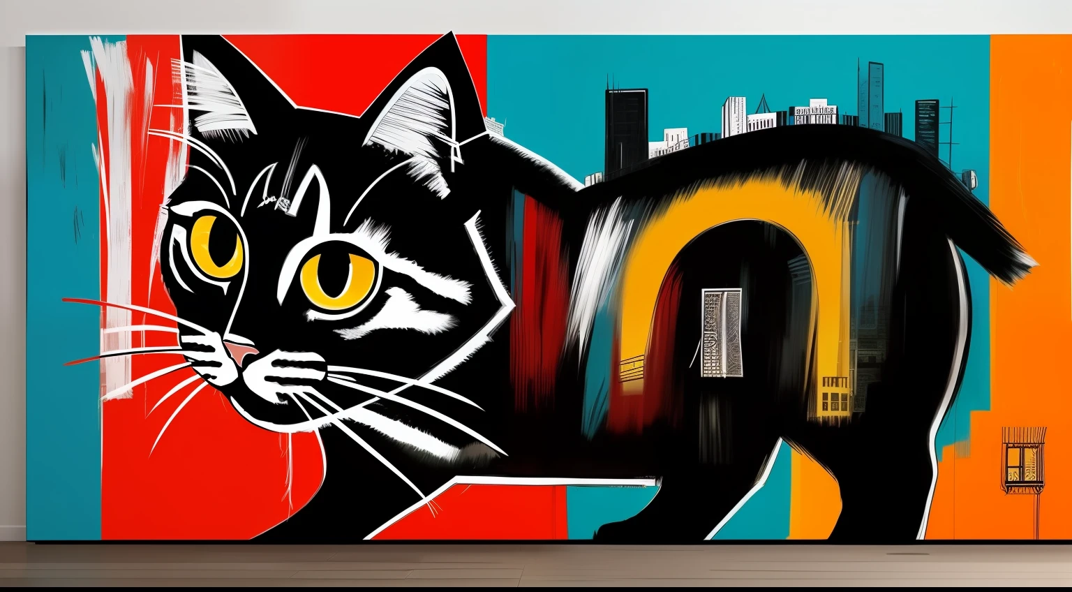 1cat、Like Basquiat's paintings、Wall Street、buliding、newyork、cache、money、an extremely devious and beautiful