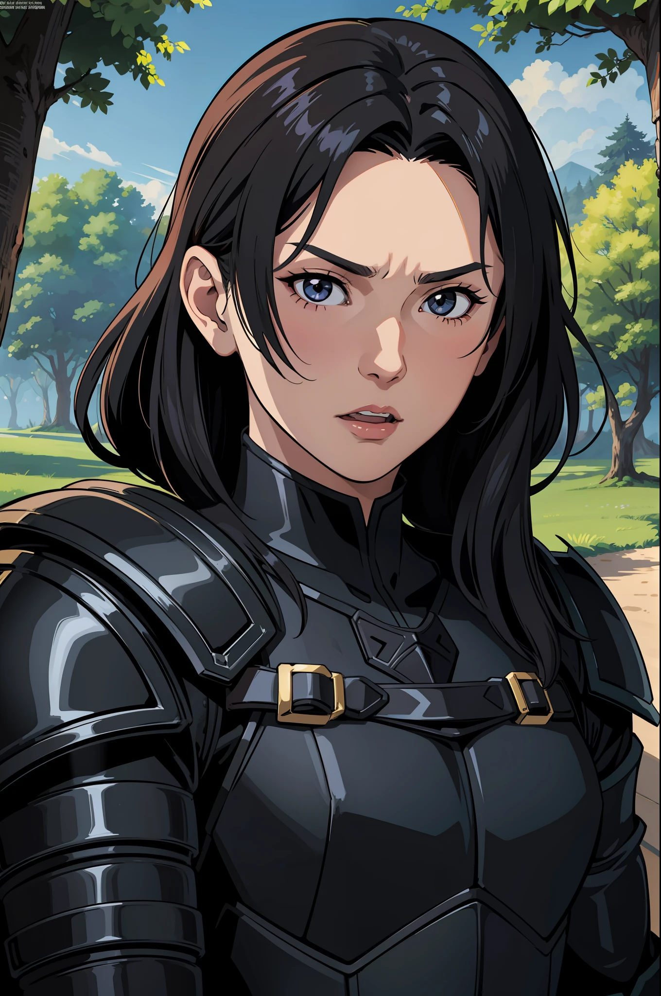 A young man(Fantasy character design,frontage,Lateral face),Shouted,anime character reference sheet,musculous,bravery,Black armor,big trees,sideface, tmasterpiece, 8K, A high resolution, Highest texture, Better face,Complementary backgrounds ,full bodyesbian,cavalos --v6
