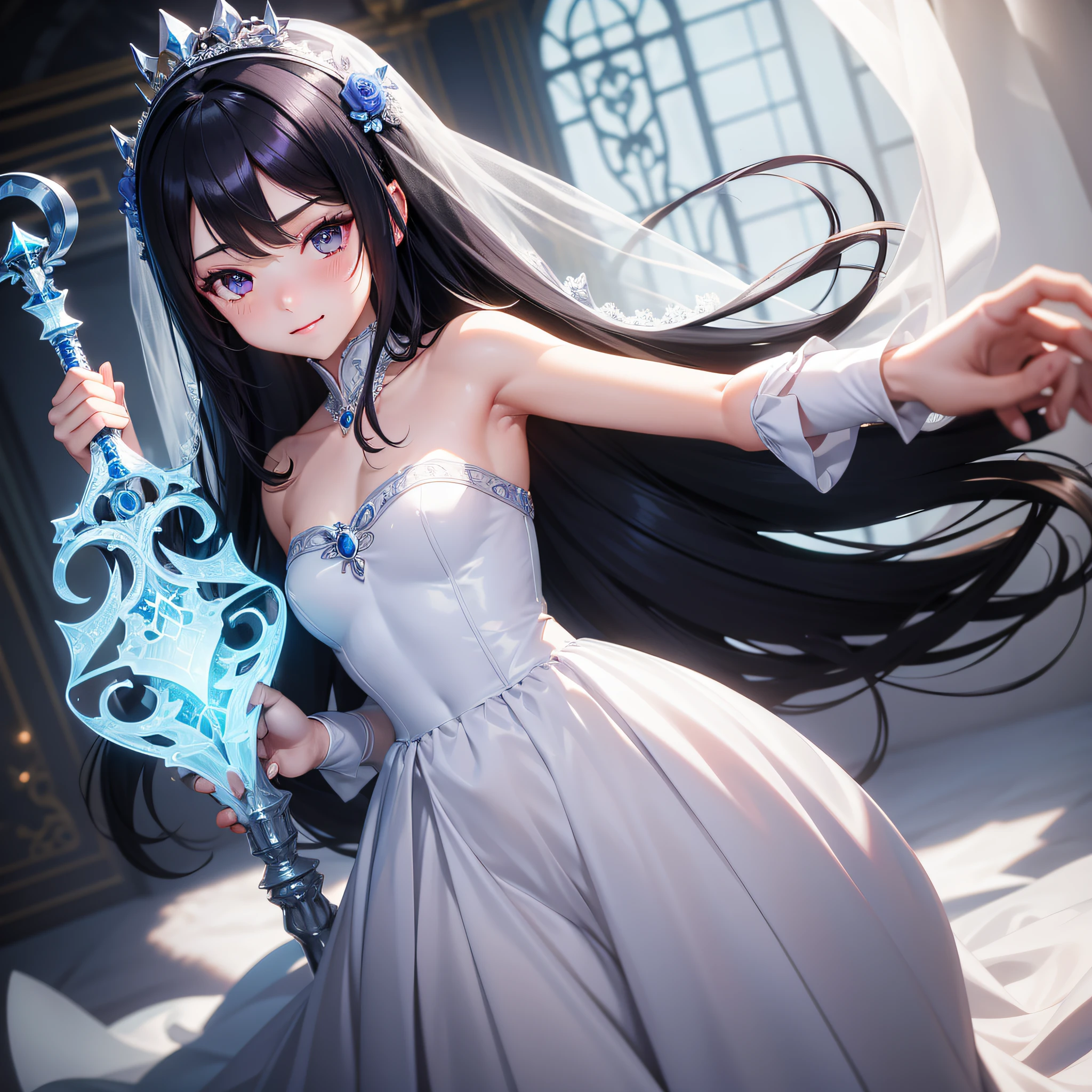are small, black hair, Transparent veil, crown, hairband, Pure White Wedding Dresses, Blue jewel-like eyes, Beautiful Beautiful Girl, Have a bouquet of blue and white and purple roses, covering ears, seductive smile, Beautiful sight, Fantastical, Dynamism, Big eyes, The face of an innocent girl, Holding a blue one-handed sword, Hair length is about shoulders, blush, Golden Palace, ponytail, are small, cinematic lighting, from above, UHD, textured skin, super detail, best quality, 8k