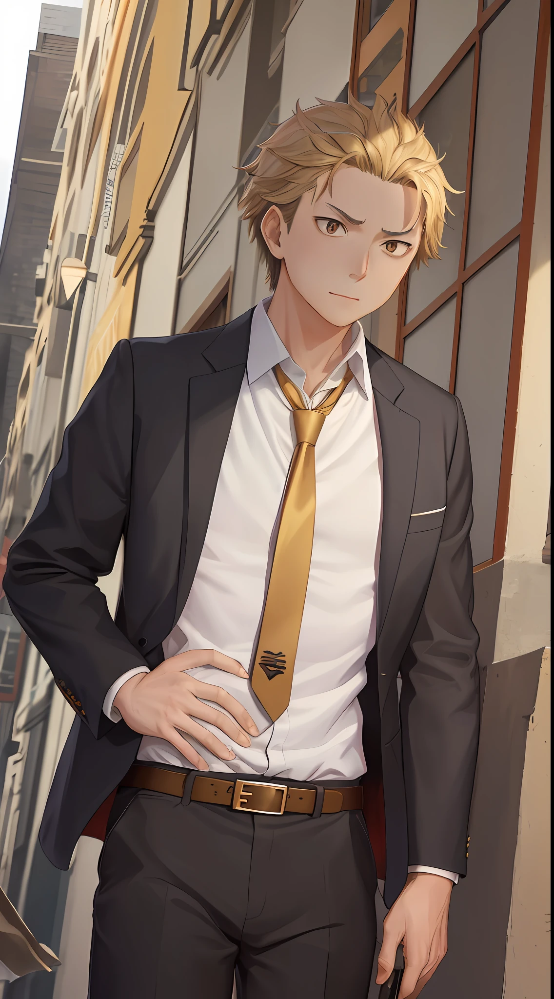 （1 Adult male），A high resolution， Sharp focus， Pixiv masterpiece， （（Complicated details））， highly  detailed， natsuki_subaru， 1 man， serious，full bodyesbian， Golden eyes（eyes glowing）， with short golden hair，white  shirt，Wear a tie，Wear a belt，perspire，look from down