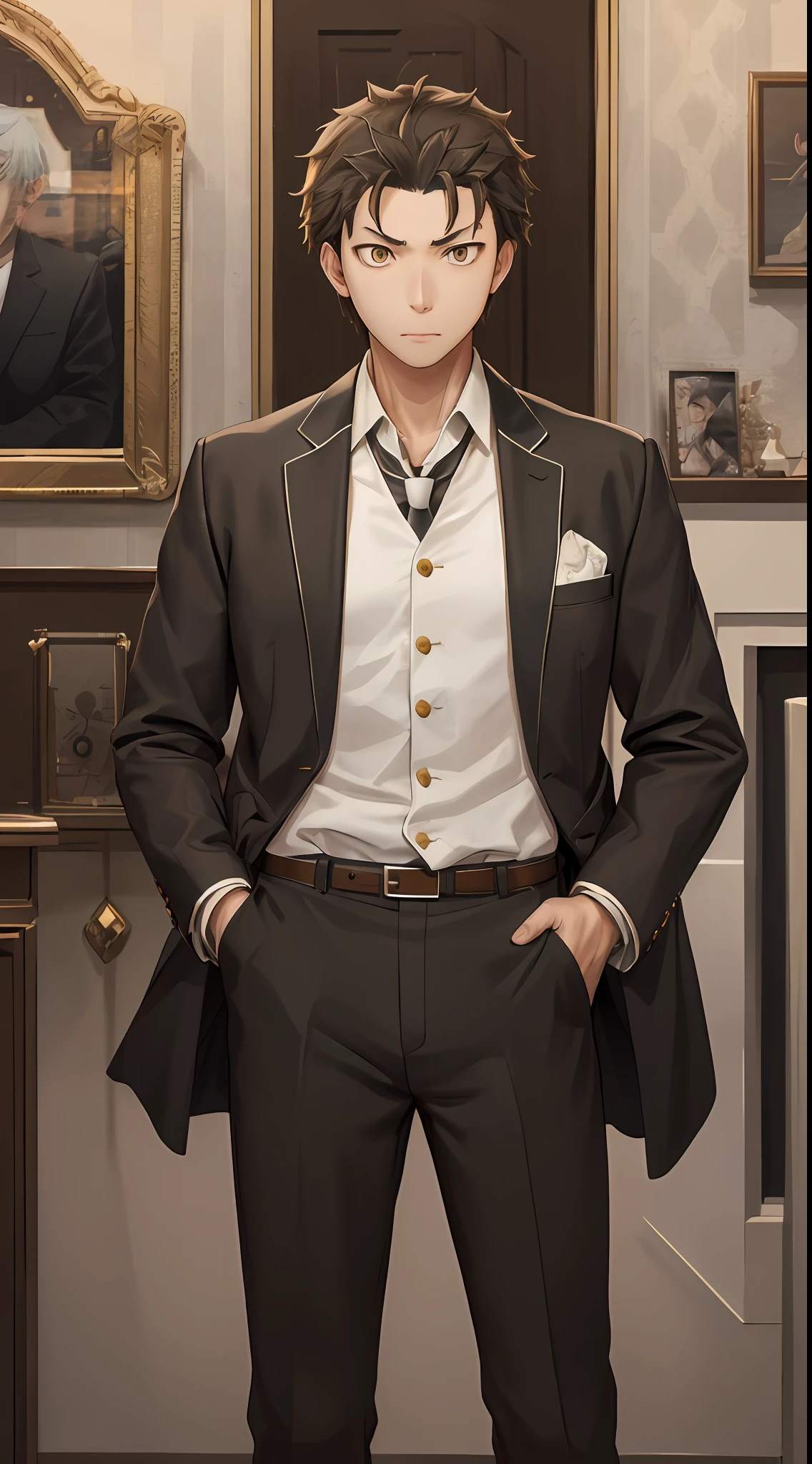 (1 Adult male),A high resolution, Sharp focus, Pixiv masterpiece, ((Complicated details)), highly detailed, natsuki_subaru, 1 man, serious,full bodyesbian, Golden eyes(eyes glowing), with short golden hair,white shirt,Wear a tie,Wear a belt,perspire,look from down