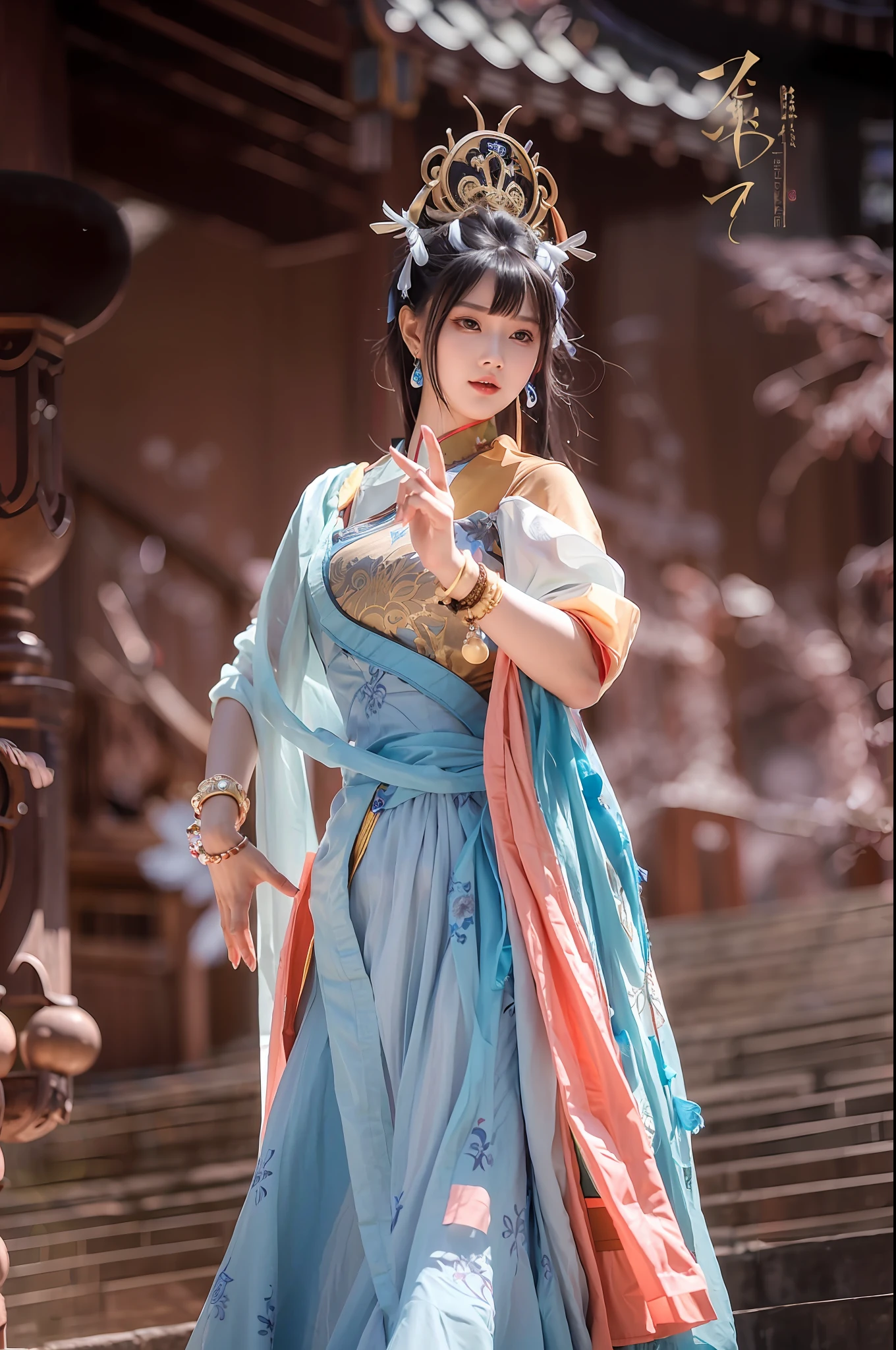 A woman in a blue dress stands on a set of stairs, Palace ， A girl in Hanfu, a beautiful fantasy empress, Wearing ancient Chinese clothes, queen of the sea mu yanling, Traditional Chinese clothing, full-body xianxia, Hanfu, Beautiful goddess, Gorgeous lady, Chinese costume, inspired by Du Qiong, xianxia fantasy