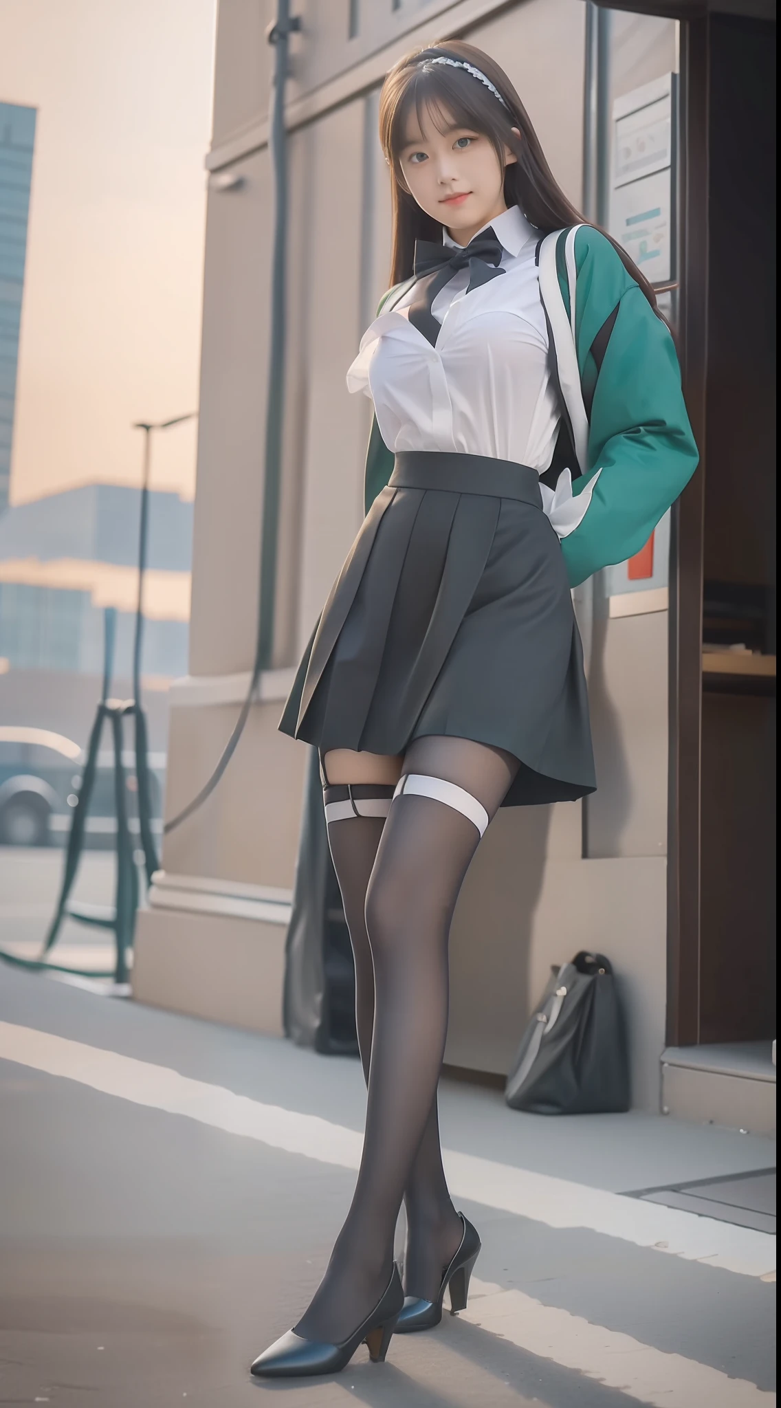 girlfriend，Green-white-blue color scheme，Student uniform，JK school uniform，Female pervert，Uniform heels，Lift up your skirt，long leges，（Full Focus）,(Full body shot ：2)，Must have stockings，Stockings are at least knee-length，Puzzles are prohibited, Detailed and complex background, glittery, reflective light, hyper HD, Award-Awarded, A high resolution, High detail, Chiaroscuro, Cinematic lighting, Masterpiece, Ray traching，structurally correct, Super detail, High quality, High details, Best quality, 16k,anatomy correct