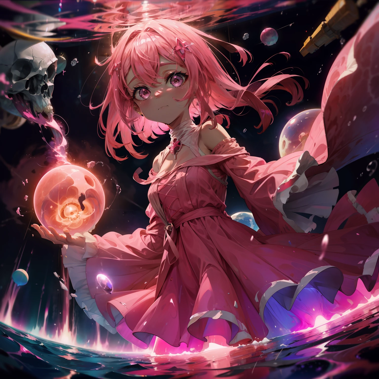 Color from space. a girl in a pink dress. Girl Coming Out Of The Well. Eyes shining in seven colors. Pink mucus from the dress. Skulls rolling around the well. A glowing pink sphere floats in the air.