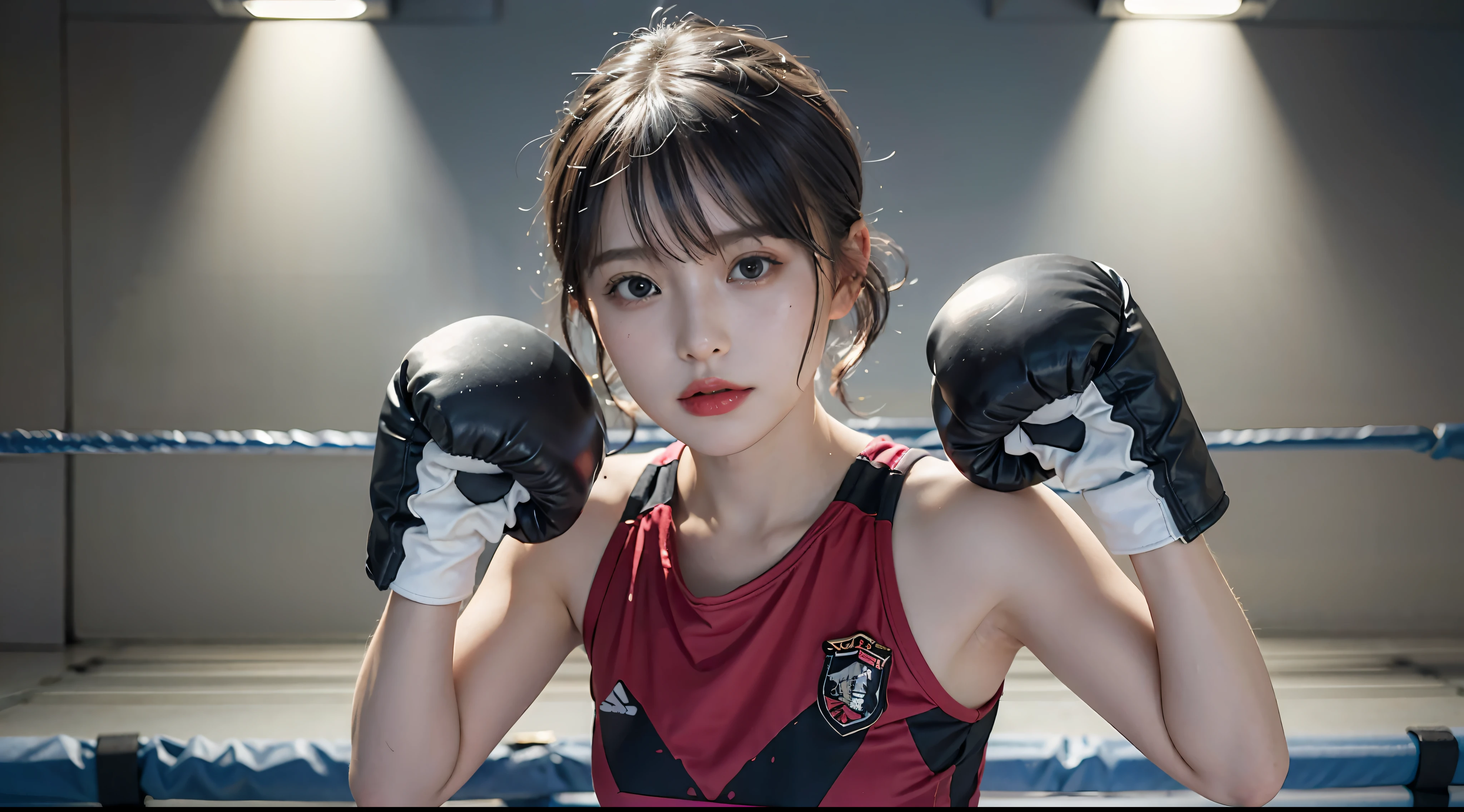 Best Quality, Very elaborate CG Unity 8K wallpapers, boxer, (Photorealsitic:2), 超A high resolution, Highly detailed, A hyper-realistic, 1girl in, (Boxing gloves), Floral pattern, colourfull_head_hair、(((very_short_head_hair))), Short hair, Full Shot, Looking at Viewer, ((Boxing rings)), Bright atmosphere, spot light, Detailed background