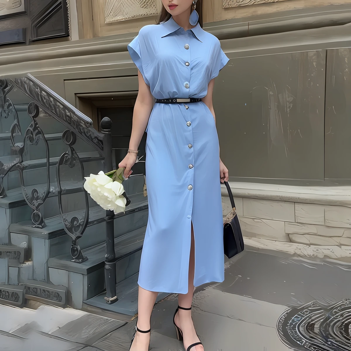 Arafed woman in a blue dress and black heels holding a bouquet, sky - blue dress, usando um vestido azul, vestido elegante, um vestido azul, usando vestido azul, roupa azul, vestido de azul, em vestido azul, vestido azul, roupas azuis, vestido azul longo, vestindo roupas casuais elegantes, Estilo de Julia Razumova, sky blue