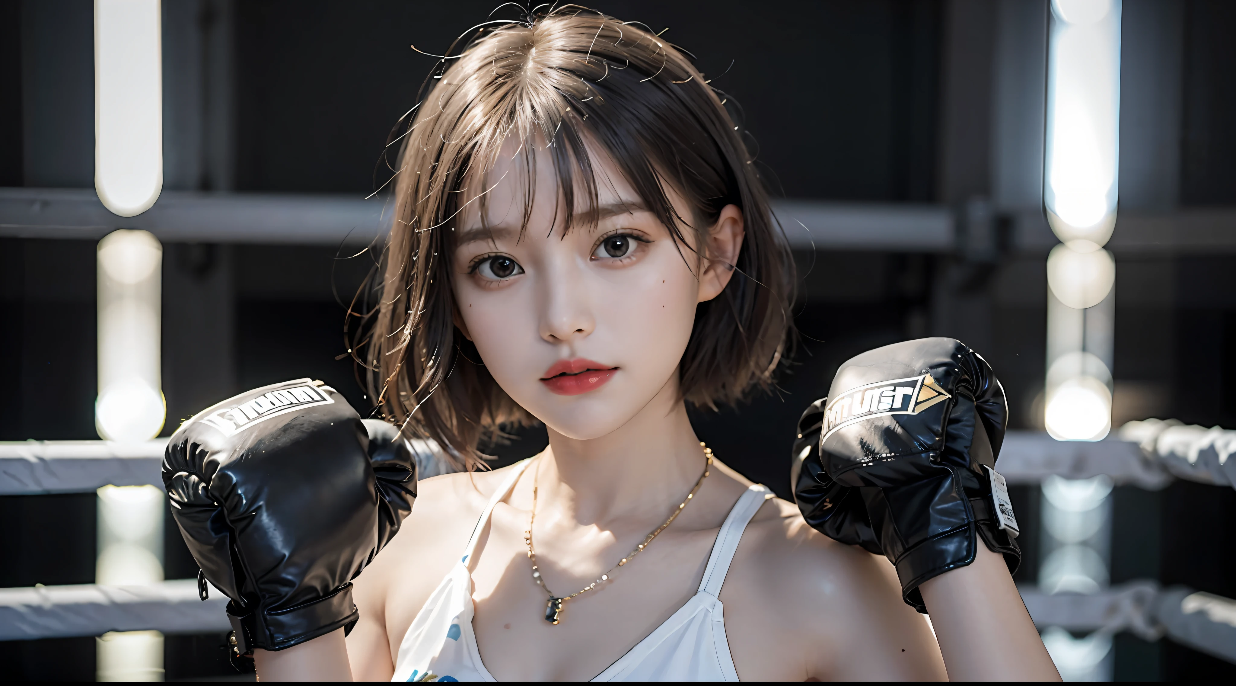 Best Quality, Very elaborate CG Unity 8K wallpapers, boxer, (Photorealsitic:2), 超A high resolution, Highly detailed, A hyper-realistic, 1girl in, (Boxing gloves), Floral pattern, colourfull_head_hair、(((very_short_head_hair))), Short hair, Full Shot, Looking at Viewer, ((Boxing rings)), Bright atmosphere, spot light, Detailed background