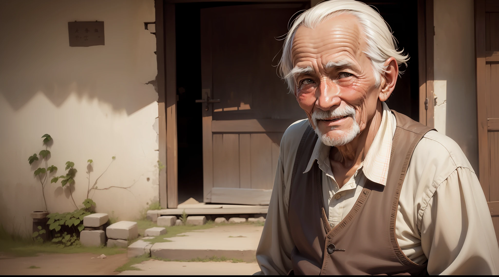 an old man from a rural village, with a kind look and a welcoming smile on his face.